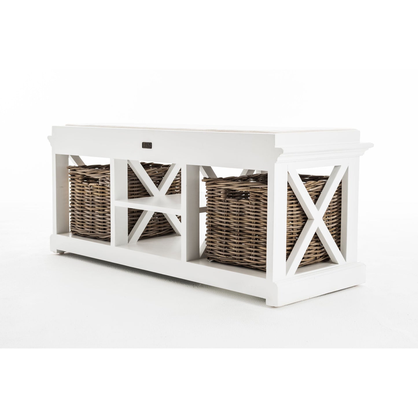 NovaSolo Halifax 47" Classic White Mahogany Bench With 2 Rattan Baskets