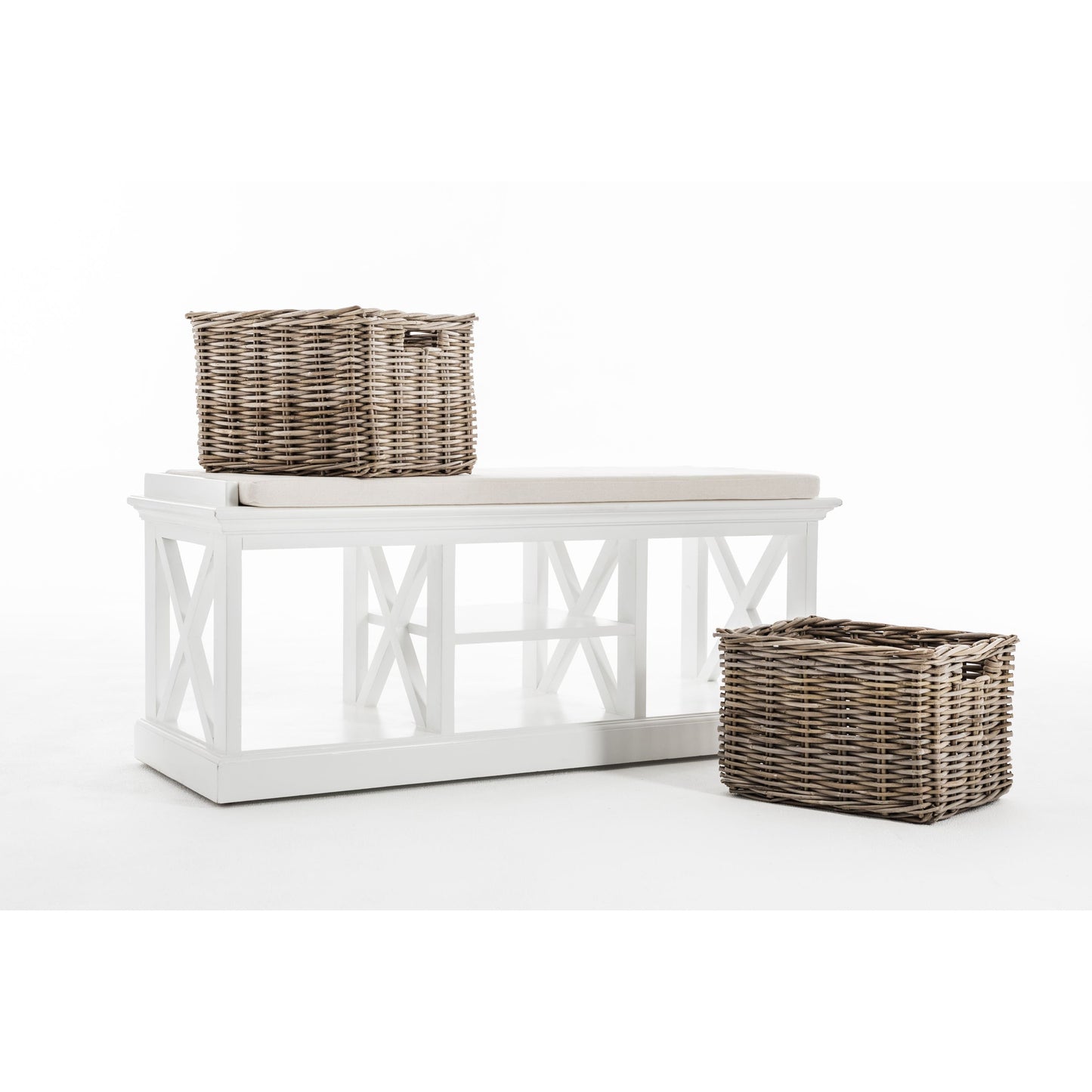 NovaSolo Halifax 47" Classic White Mahogany Bench With 2 Rattan Baskets