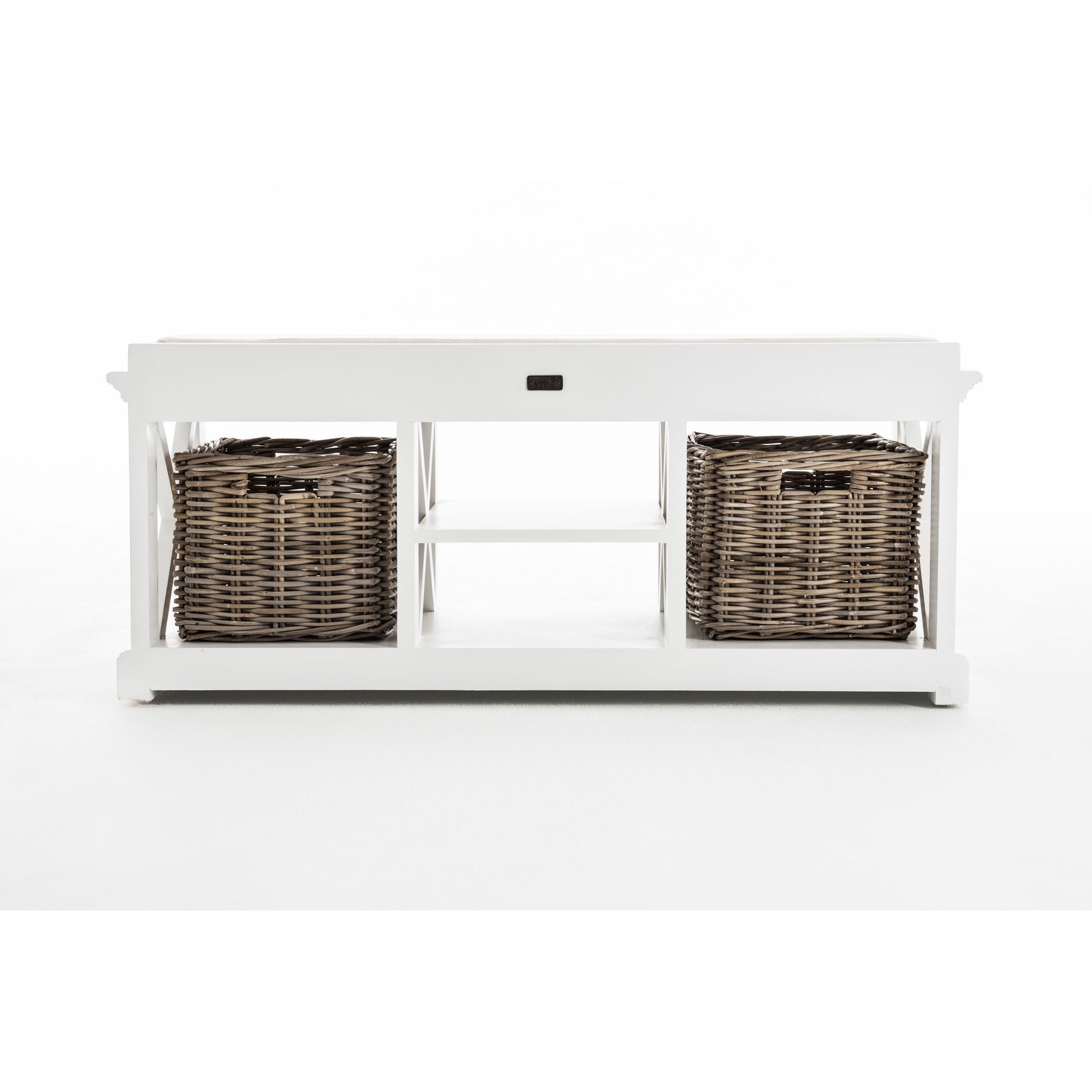 NovaSolo Halifax 47" Classic White Mahogany Bench With 2 Rattan Baskets