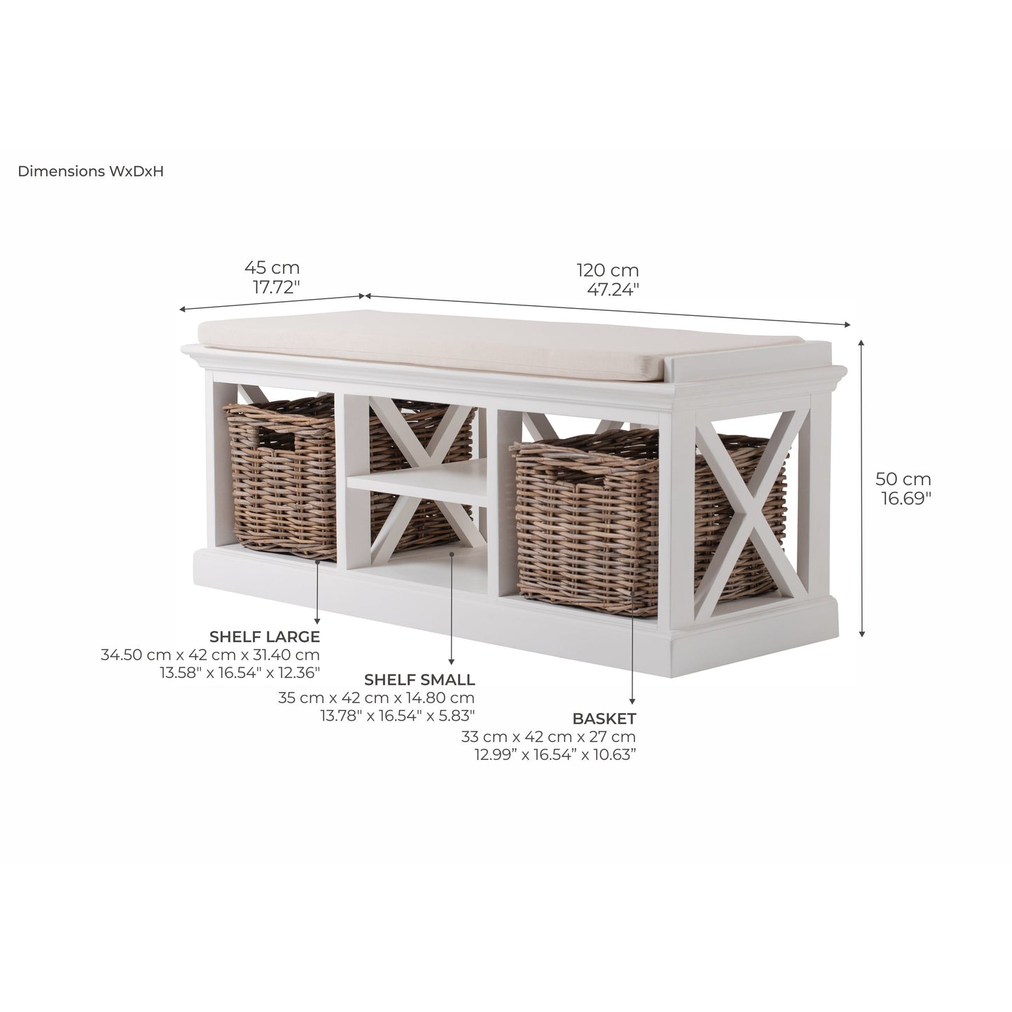 NovaSolo Halifax 47" Classic White Mahogany Bench With 2 Rattan Baskets