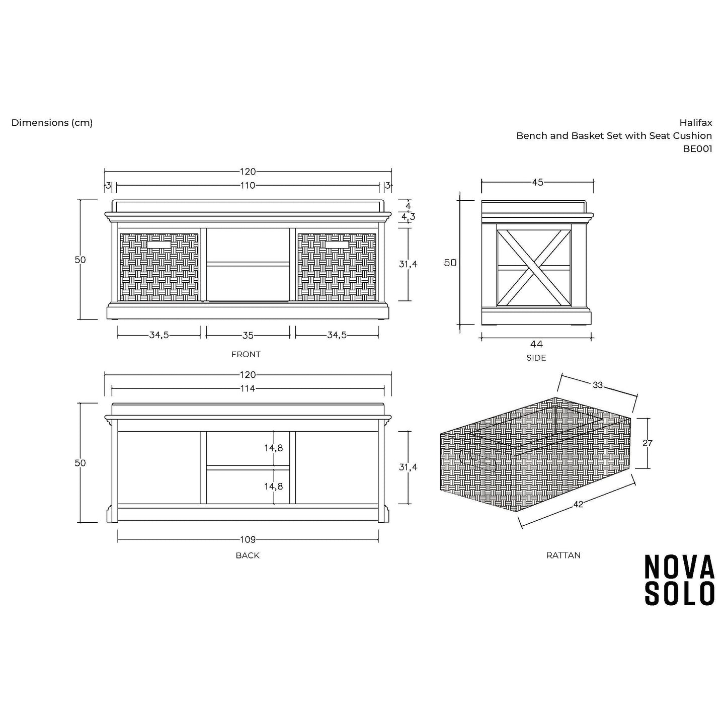 NovaSolo Halifax 47" Classic White Mahogany Bench With 2 Rattan Baskets