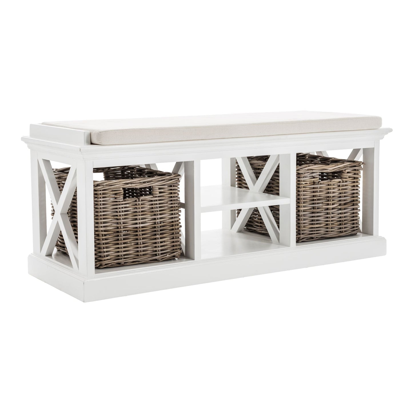 NovaSolo Halifax 47" Classic White Mahogany Bench With 2 Rattan Baskets