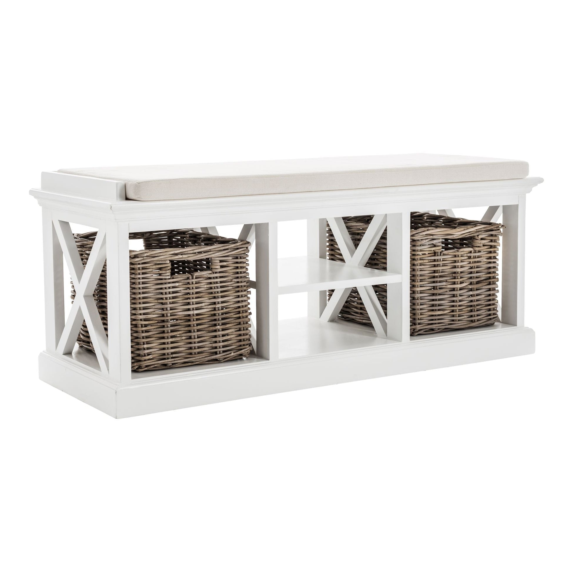 NovaSolo Halifax 47" Classic White Mahogany Bench With 2 Rattan Baskets