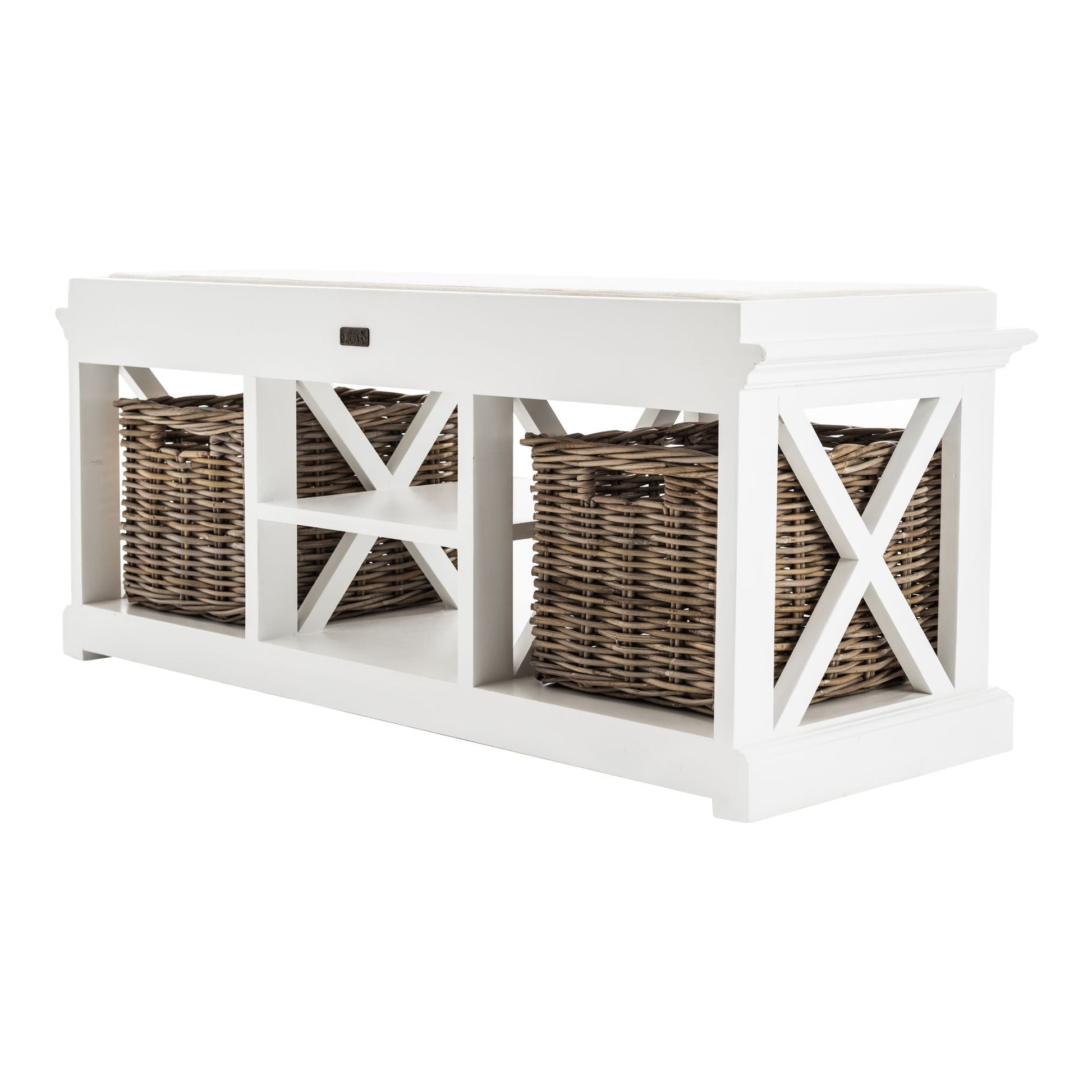 NovaSolo Halifax 47" Classic White Mahogany Bench With 2 Rattan Baskets