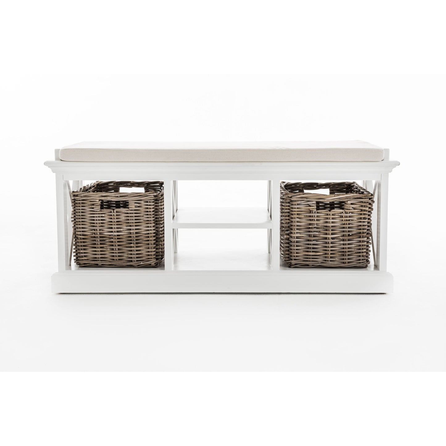 NovaSolo Halifax 47" Classic White Mahogany Bench With 2 Rattan Baskets