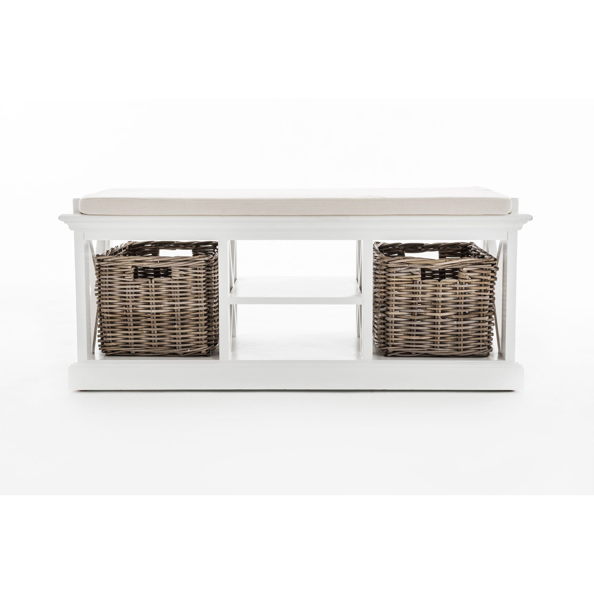 NovaSolo Halifax 47" Classic White Mahogany Bench With 2 Rattan Baskets