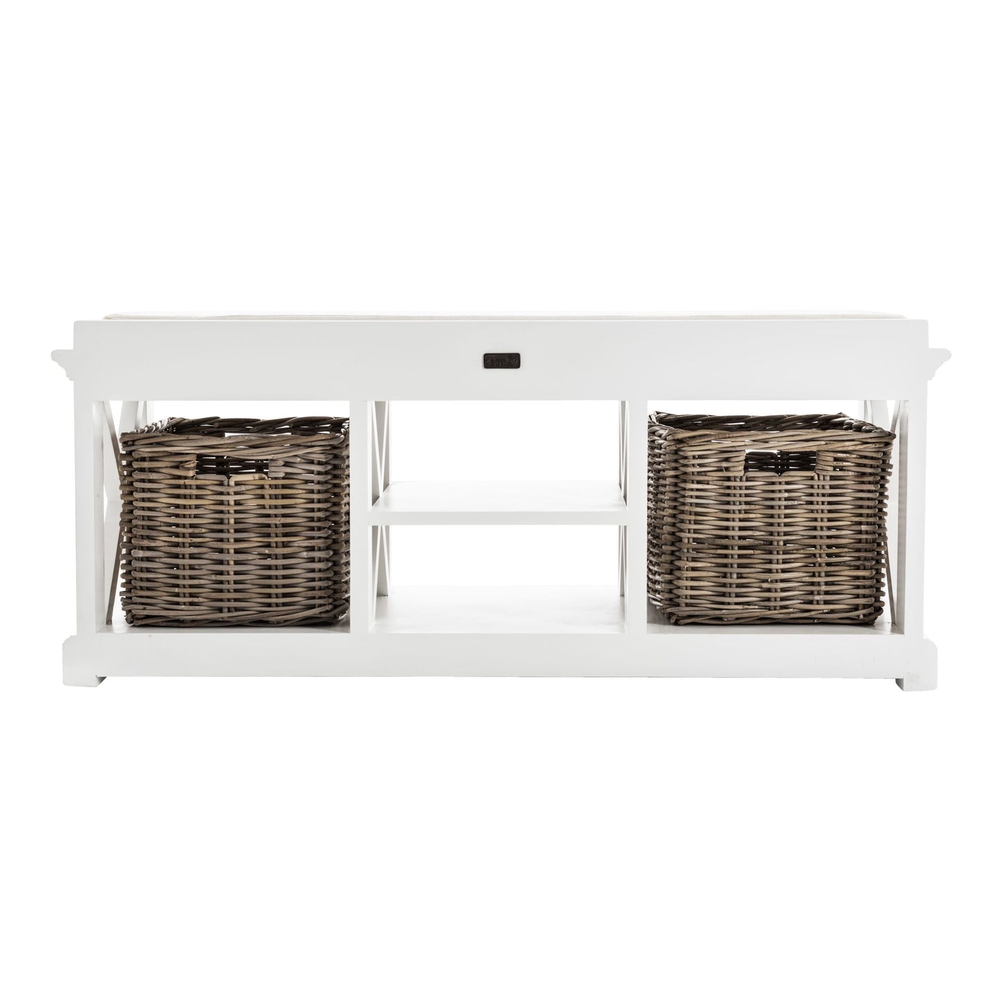 NovaSolo Halifax 47" Classic White Mahogany Bench With 2 Rattan Baskets