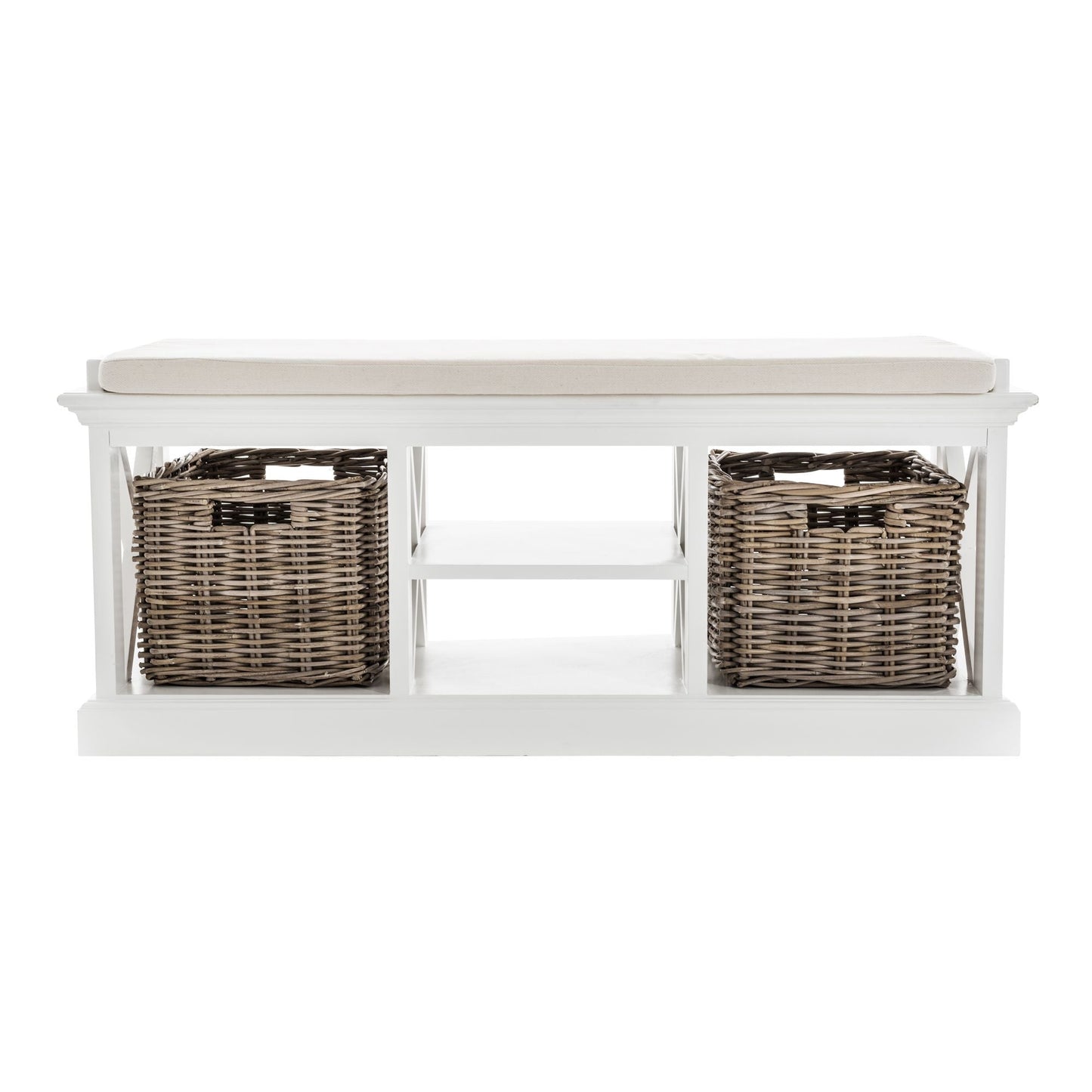 NovaSolo Halifax 47" Classic White Mahogany Bench With 2 Rattan Baskets