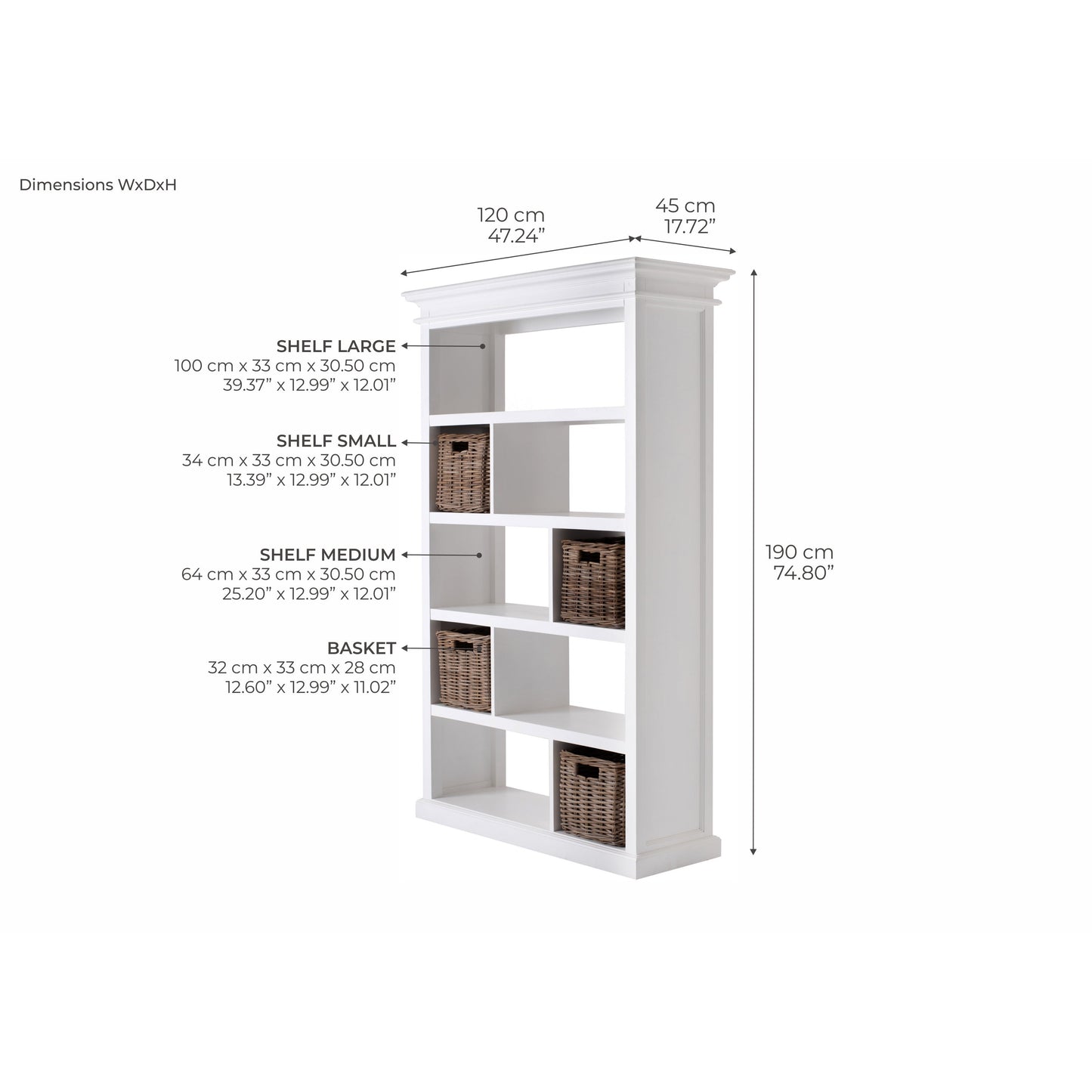 NovaSolo Halifax 47" Classic White Mahogany Shelving With 9 Shelves & 4 Rattan Baskets