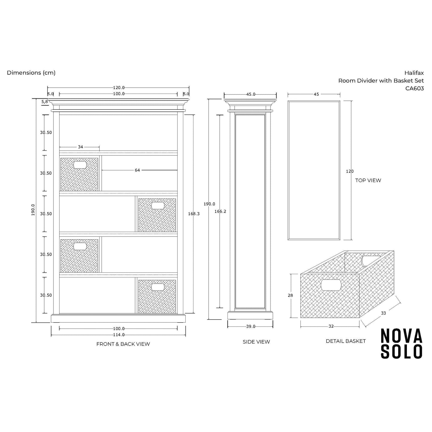 NovaSolo Halifax 47" Classic White Mahogany Shelving With 9 Shelves & 4 Rattan Baskets