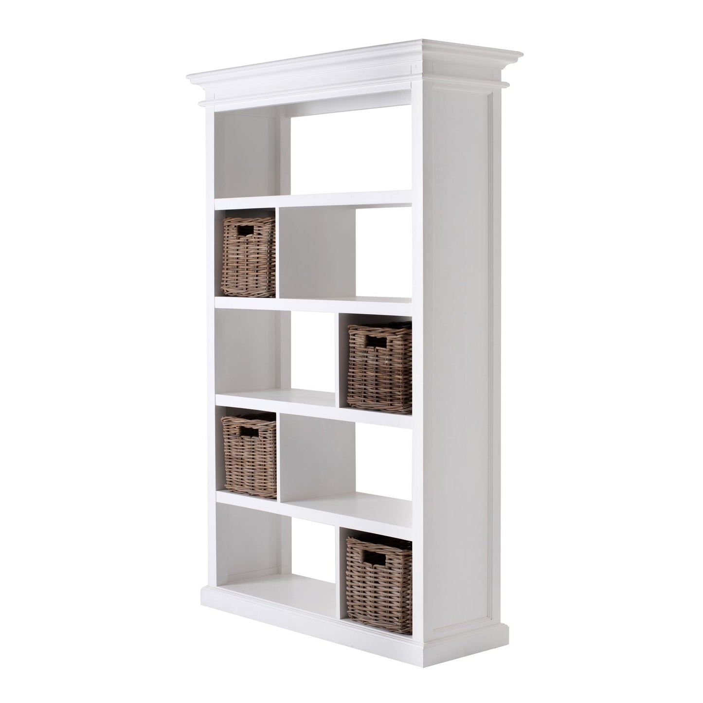 NovaSolo Halifax 47" Classic White Mahogany Shelving With 9 Shelves & 4 Rattan Baskets