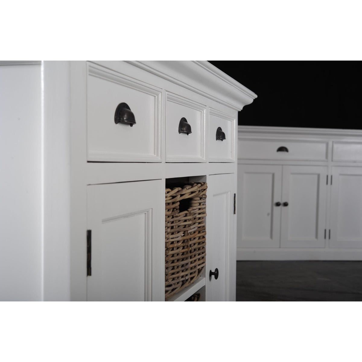 NovaSolo Halifax 49" Classic White Mahogany Buffet With 3 Drawers & 2 Rattan Baskets