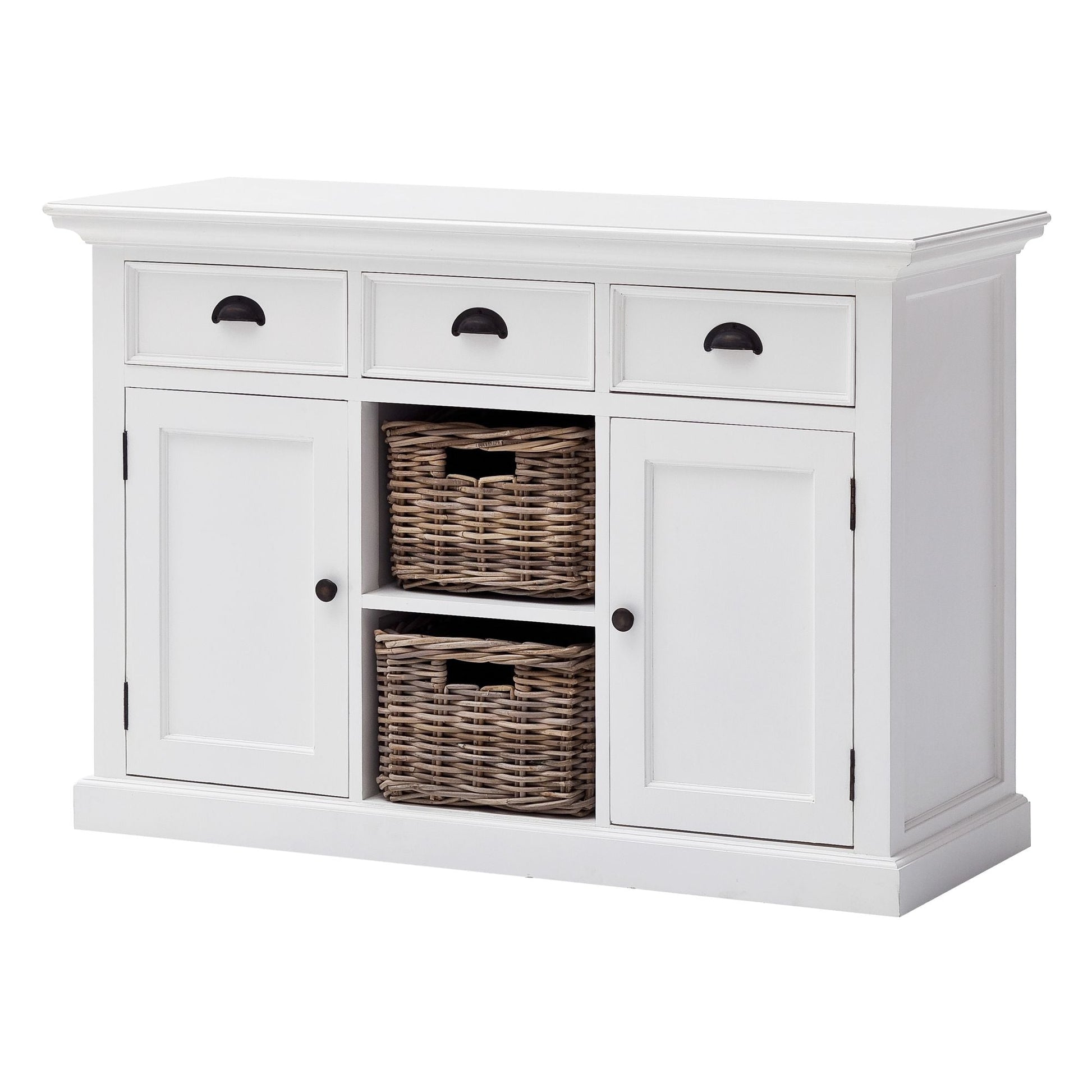 NovaSolo Halifax 49" Classic White Mahogany Buffet With 3 Drawers & 2 Rattan Baskets