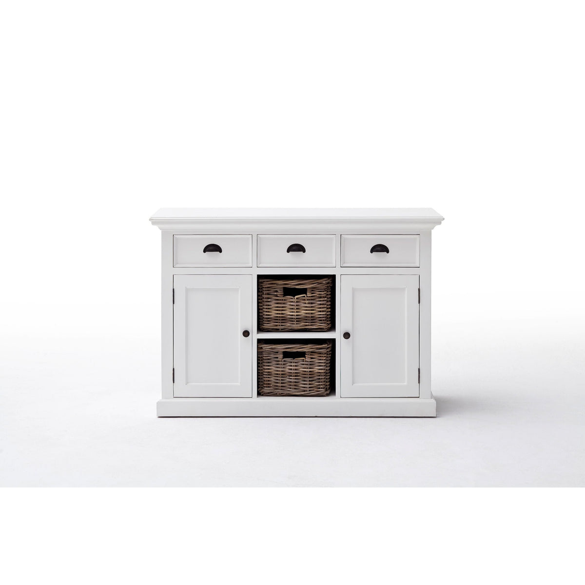 NovaSolo Halifax 49" Classic White Mahogany Buffet With 3 Drawers & 2 Rattan Baskets