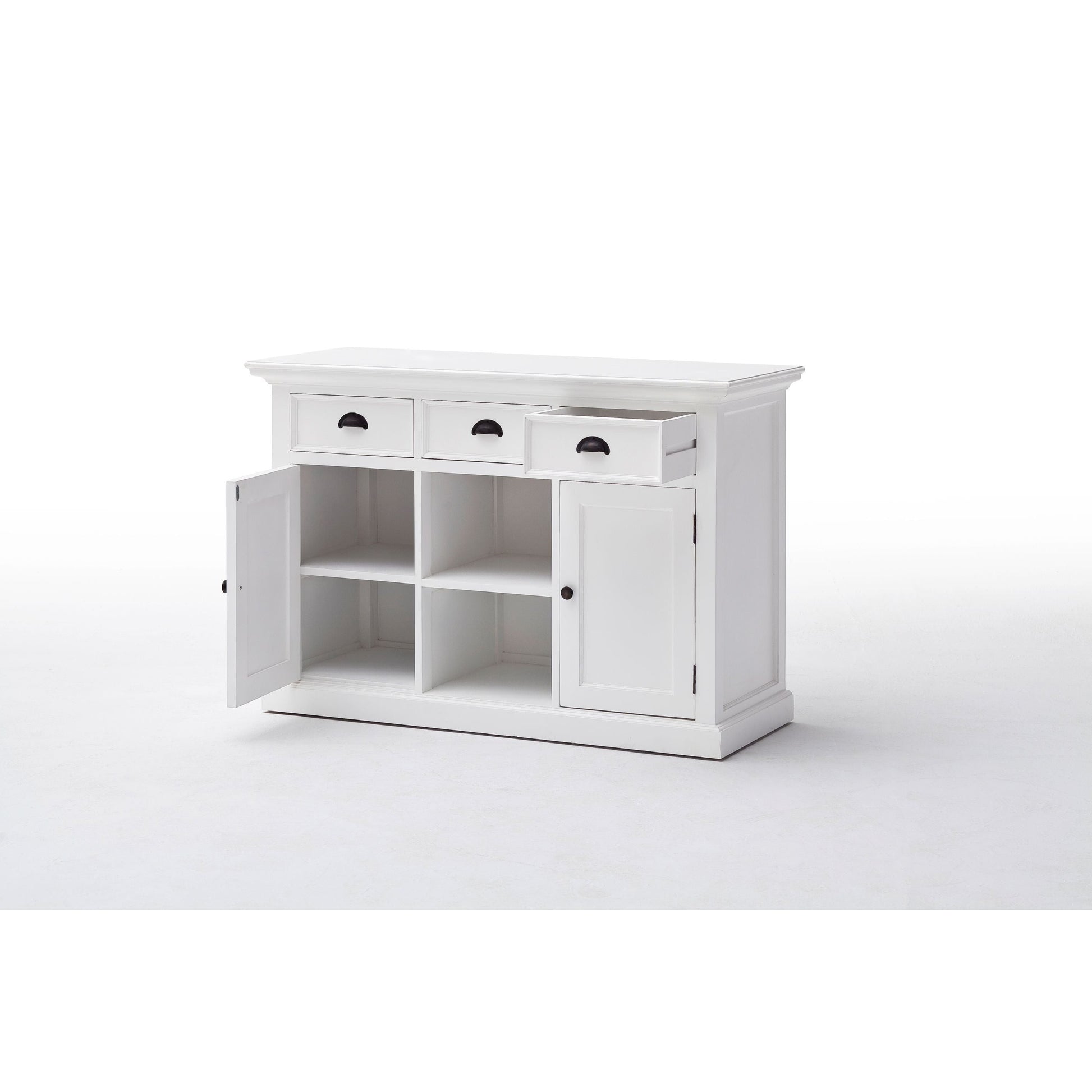 NovaSolo Halifax 49" Classic White Mahogany Buffet With 3 Drawers & 2 Rattan Baskets