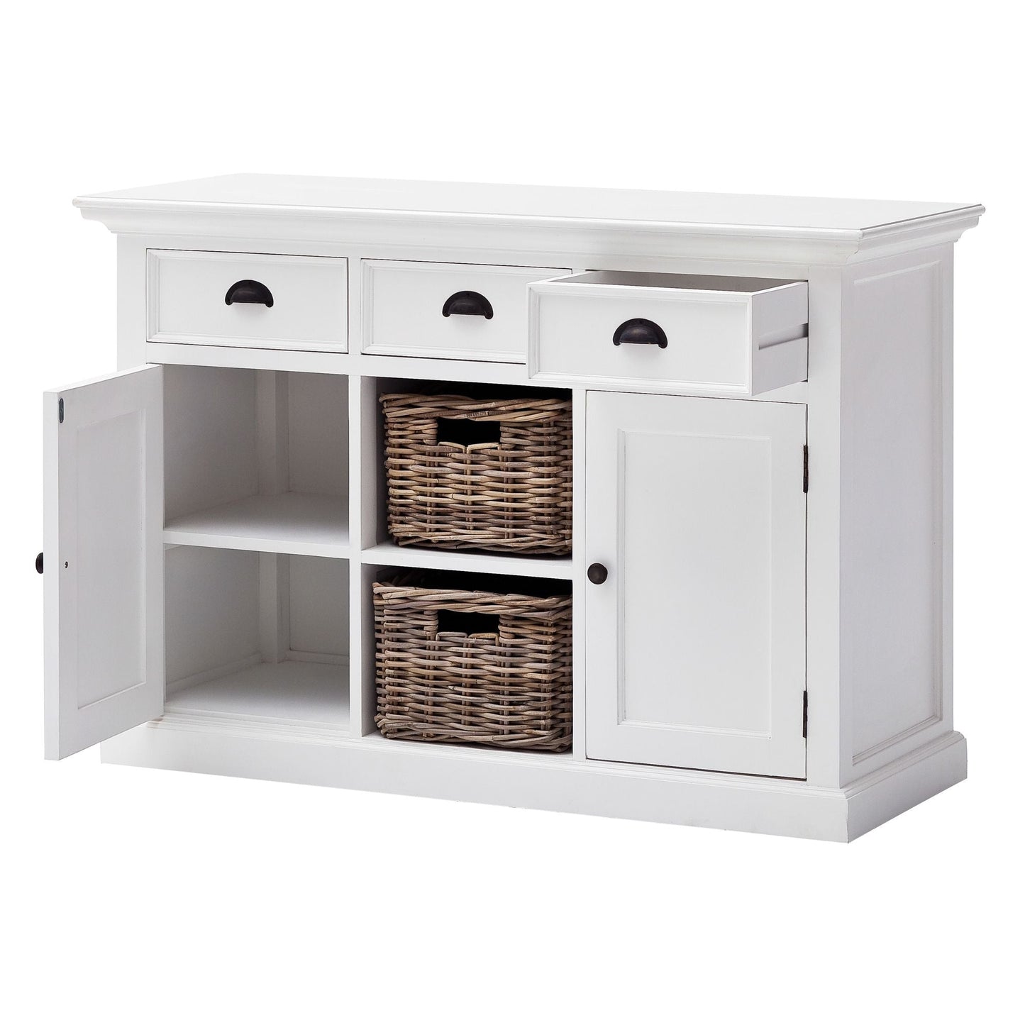 NovaSolo Halifax 49" Classic White Mahogany Buffet With 3 Drawers & 2 Rattan Baskets