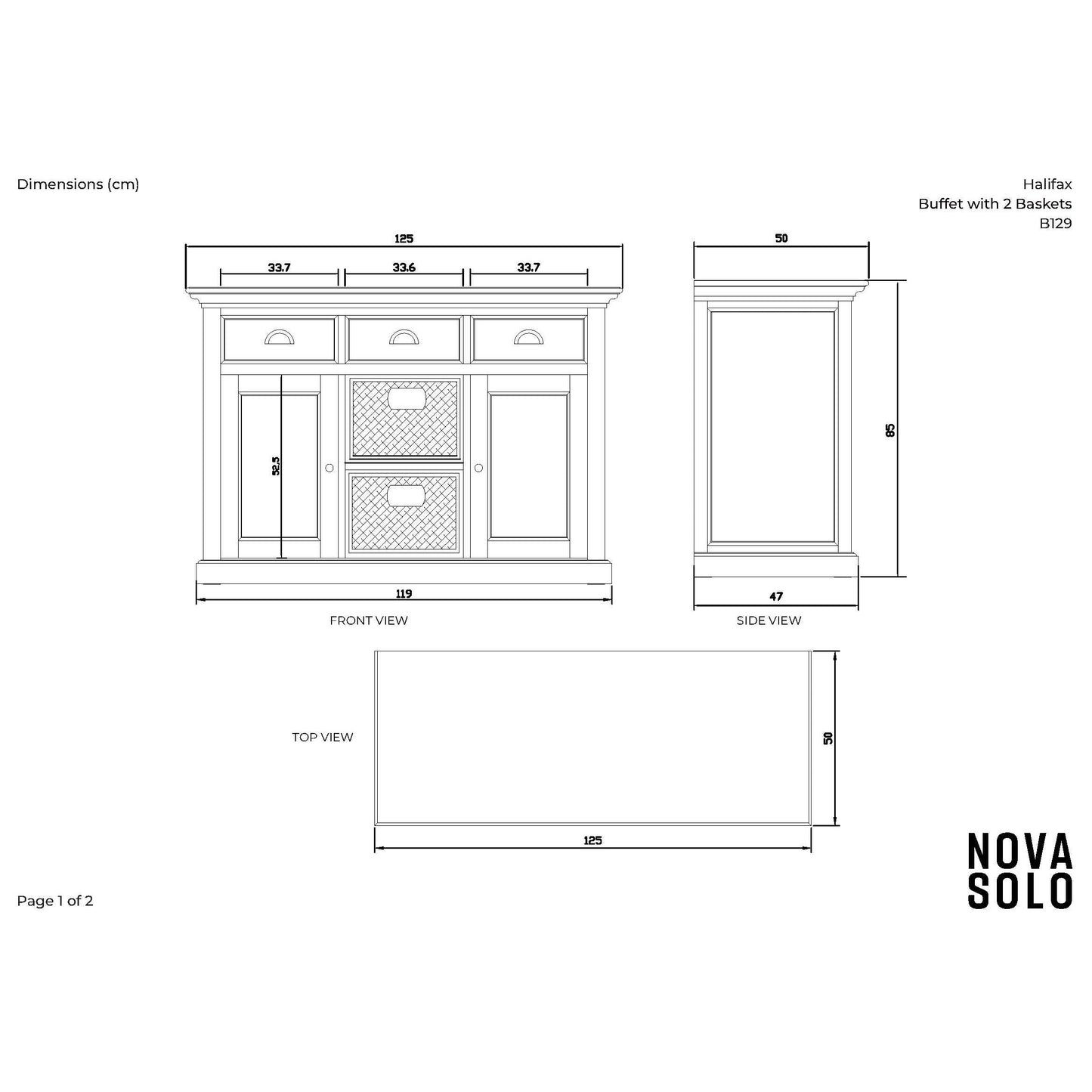 NovaSolo Halifax 49" Classic White Mahogany Buffet With 3 Drawers & 2 Rattan Baskets