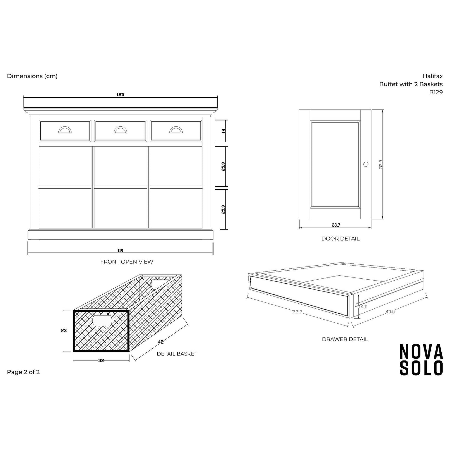 NovaSolo Halifax 49" Classic White Mahogany Buffet With 3 Drawers & 2 Rattan Baskets