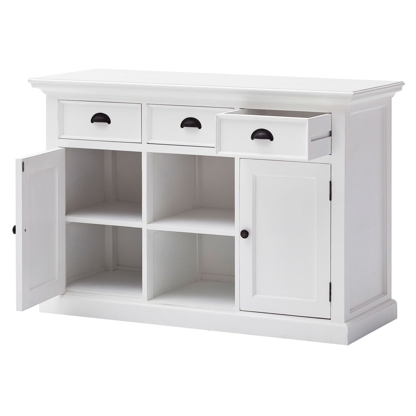 NovaSolo Halifax 49" Classic White Mahogany Buffet With 3 Drawers & 2 Rattan Baskets