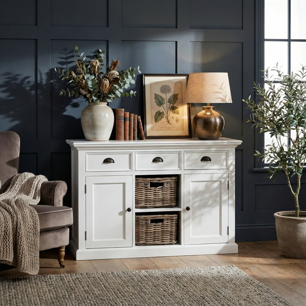 NovaSolo Halifax 49" Classic White Mahogany Buffet With 3 Drawers & 2 Rattan Baskets