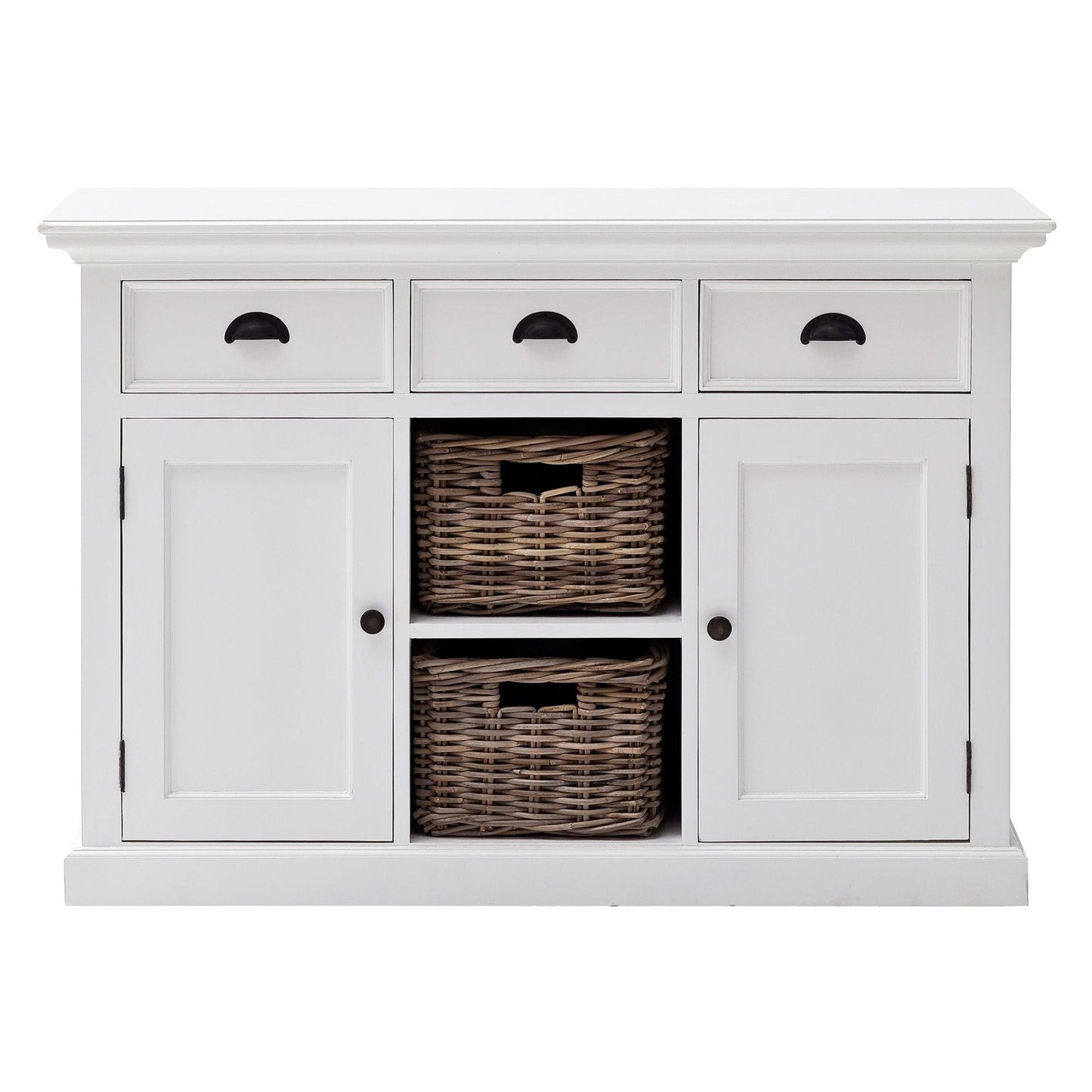 NovaSolo Halifax 49" Classic White Mahogany Buffet With 3 Drawers & 2 Rattan Baskets