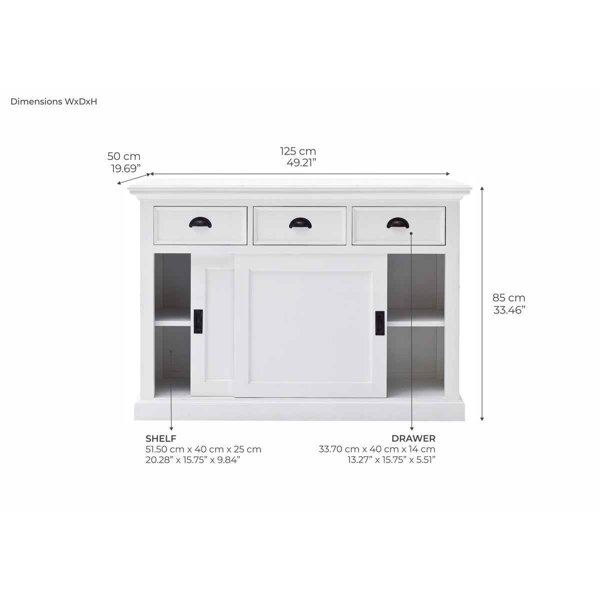 NovaSolo Halifax 49" Classic White Mahogany Buffet With 3 Drawers & 2 Sliding Doors