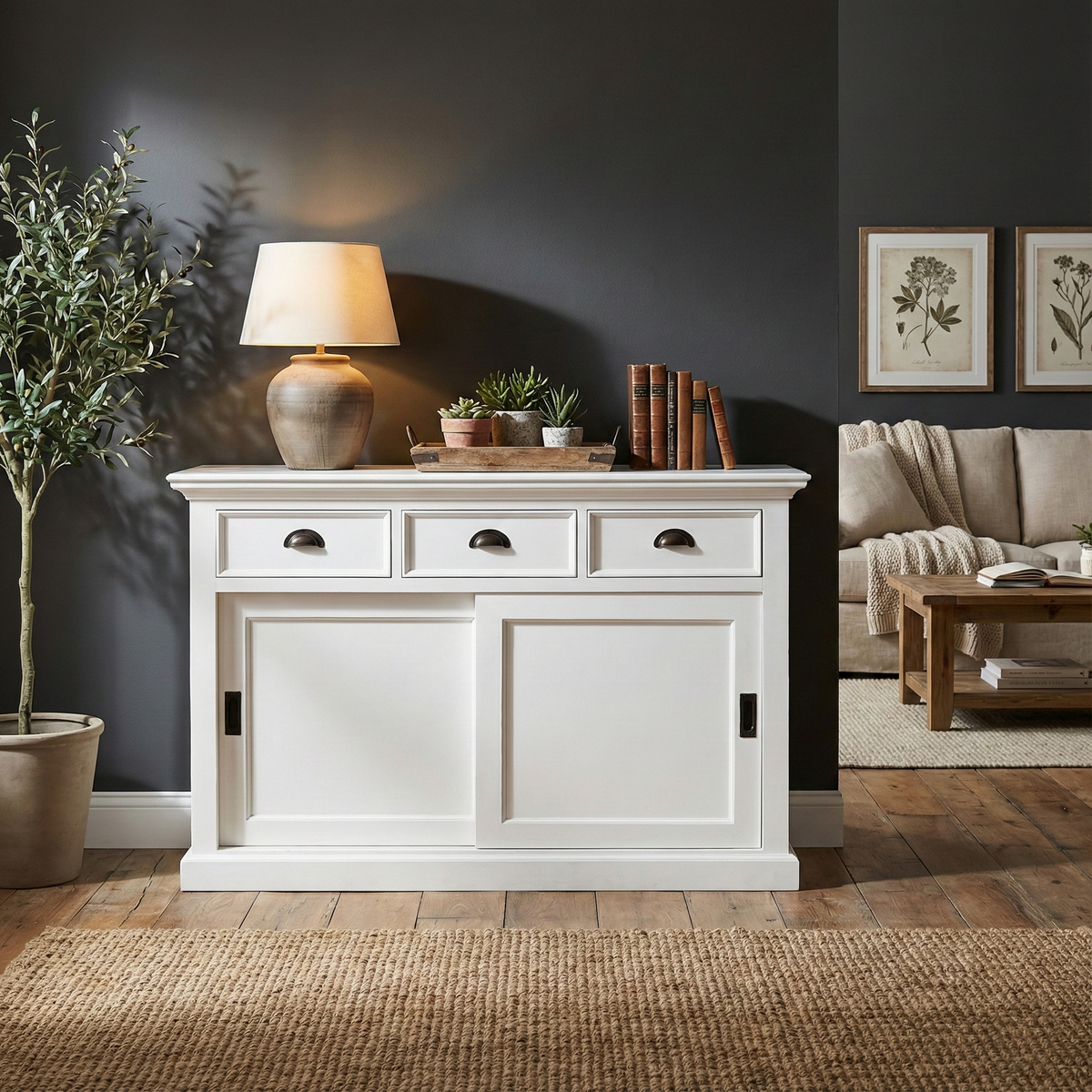 NovaSolo Halifax 49" Classic White Mahogany Buffet With 3 Drawers & 2 Sliding Doors