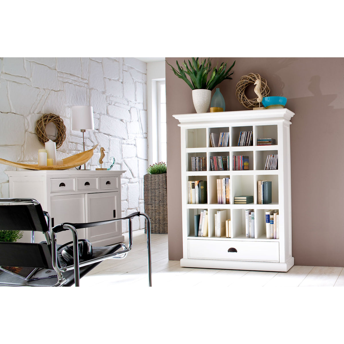 NovaSolo Halifax 49" Classic White Mahogany Buffet With 3 Drawers & 2 Sliding Doors