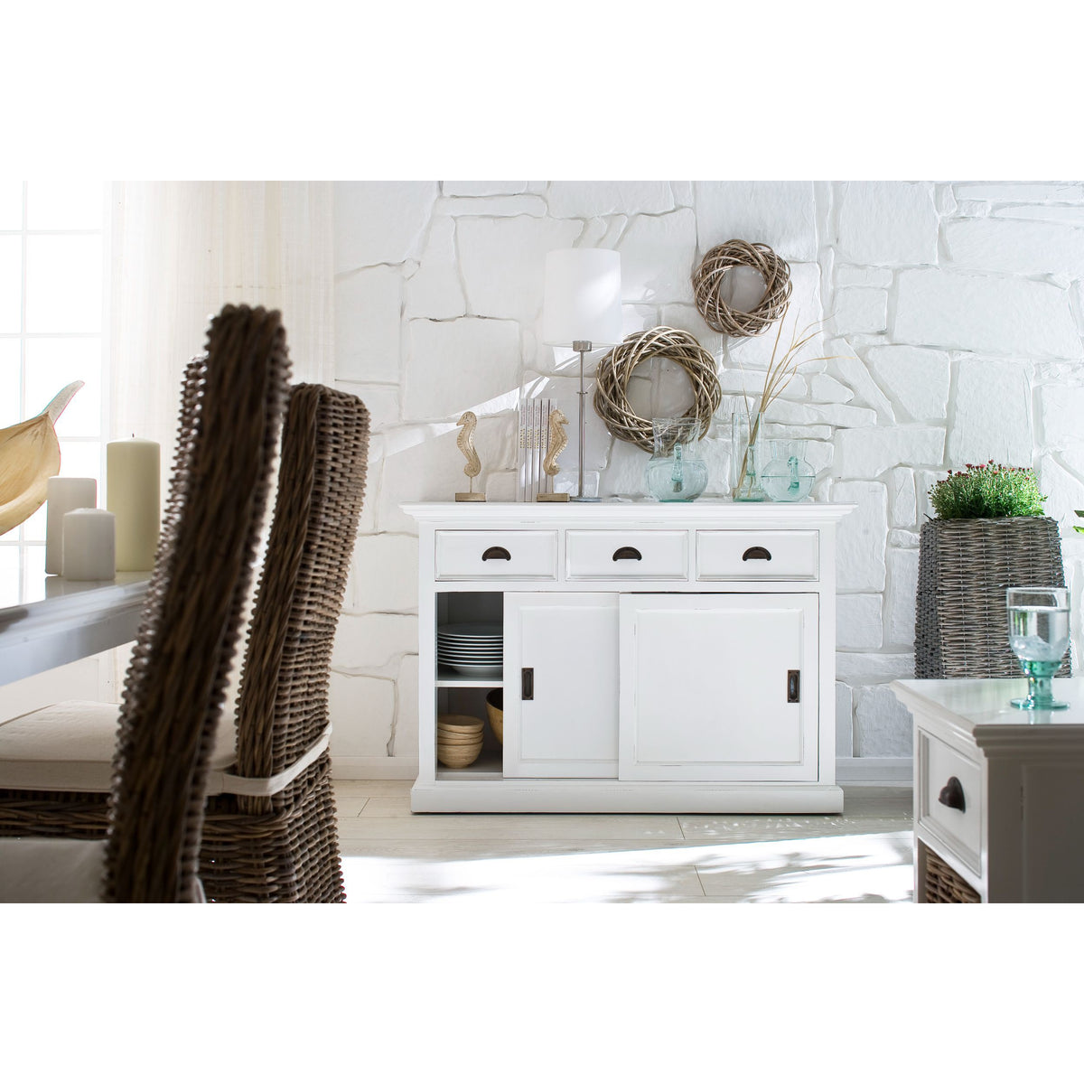 NovaSolo Halifax 49" Classic White Mahogany Buffet With 3 Drawers & 2 Sliding Doors