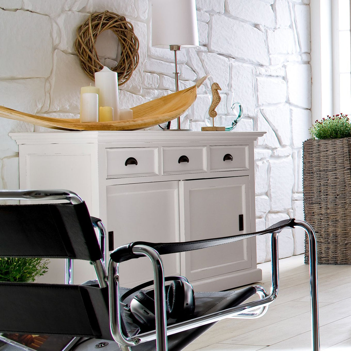 NovaSolo Halifax 49" Classic White Mahogany Buffet With 3 Drawers & 2 Sliding Doors