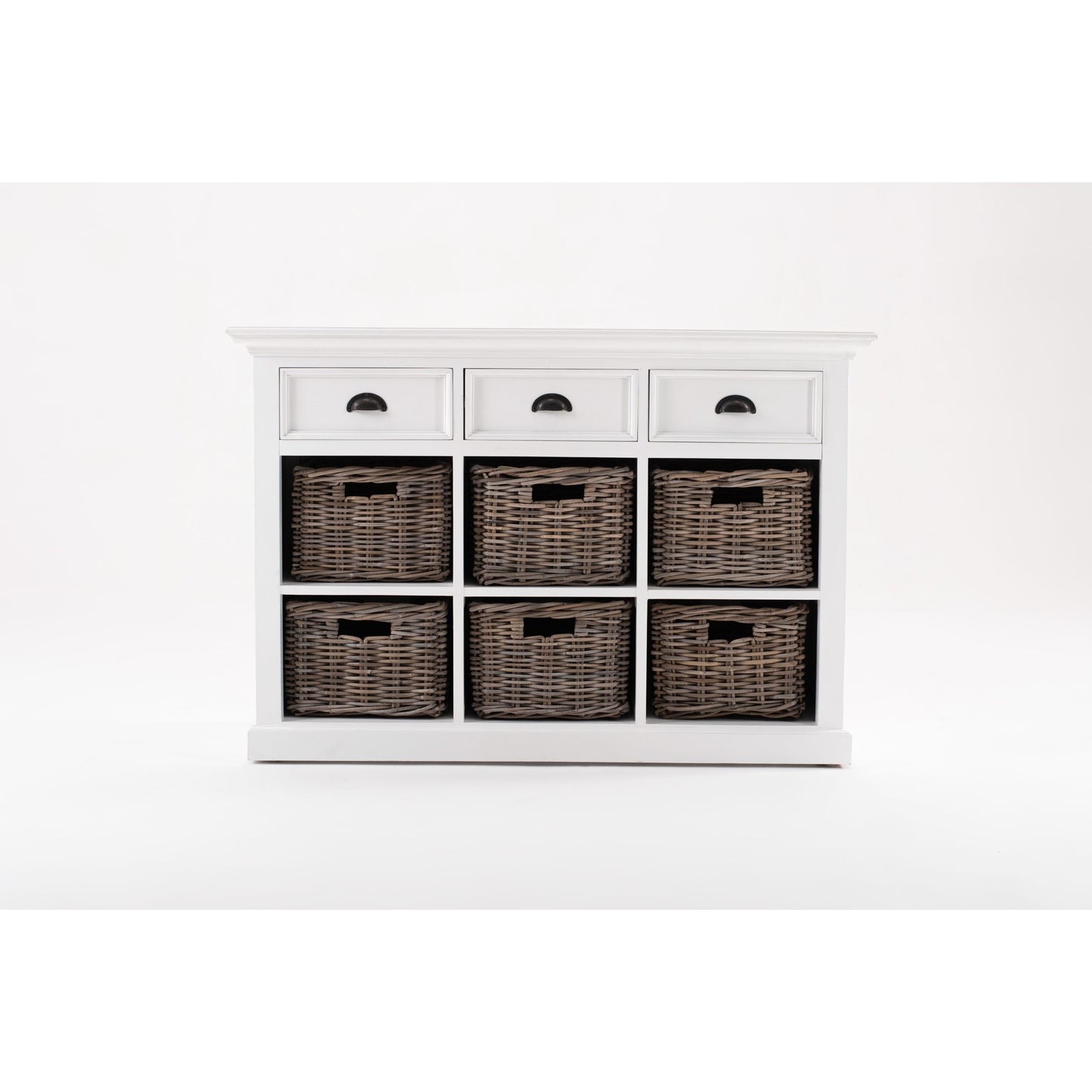 NovaSolo Halifax 49" Classic White Mahogany Buffet With 3 Drawers & 6 Rattan Baskets