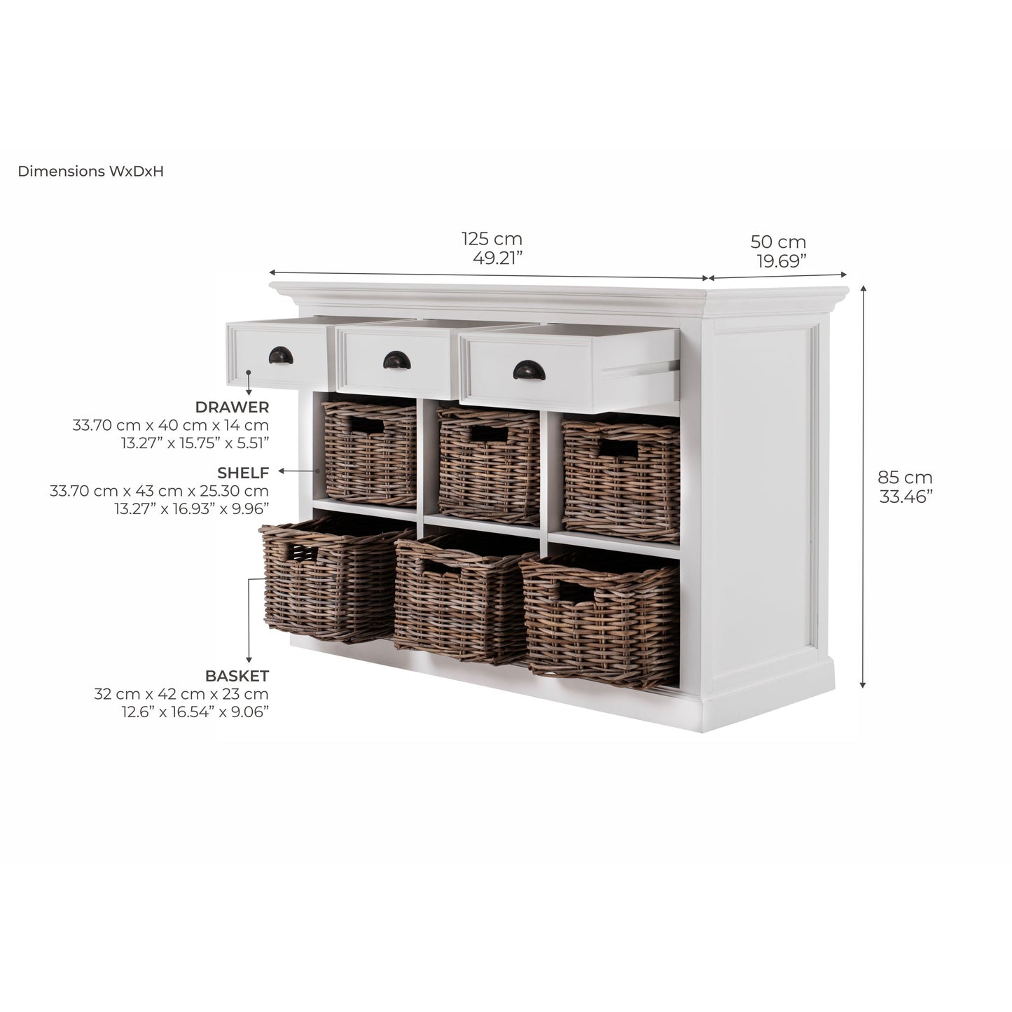 NovaSolo Halifax 49" Classic White Mahogany Buffet With 3 Drawers & 6 Rattan Baskets