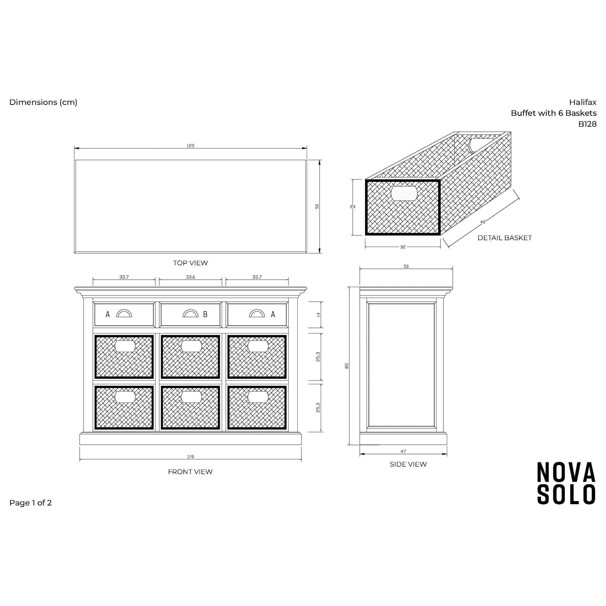 NovaSolo Halifax 49" Classic White Mahogany Buffet With 3 Drawers & 6 Rattan Baskets