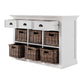 NovaSolo Halifax 49" Classic White Mahogany Buffet With 3 Drawers & 6 Rattan Baskets