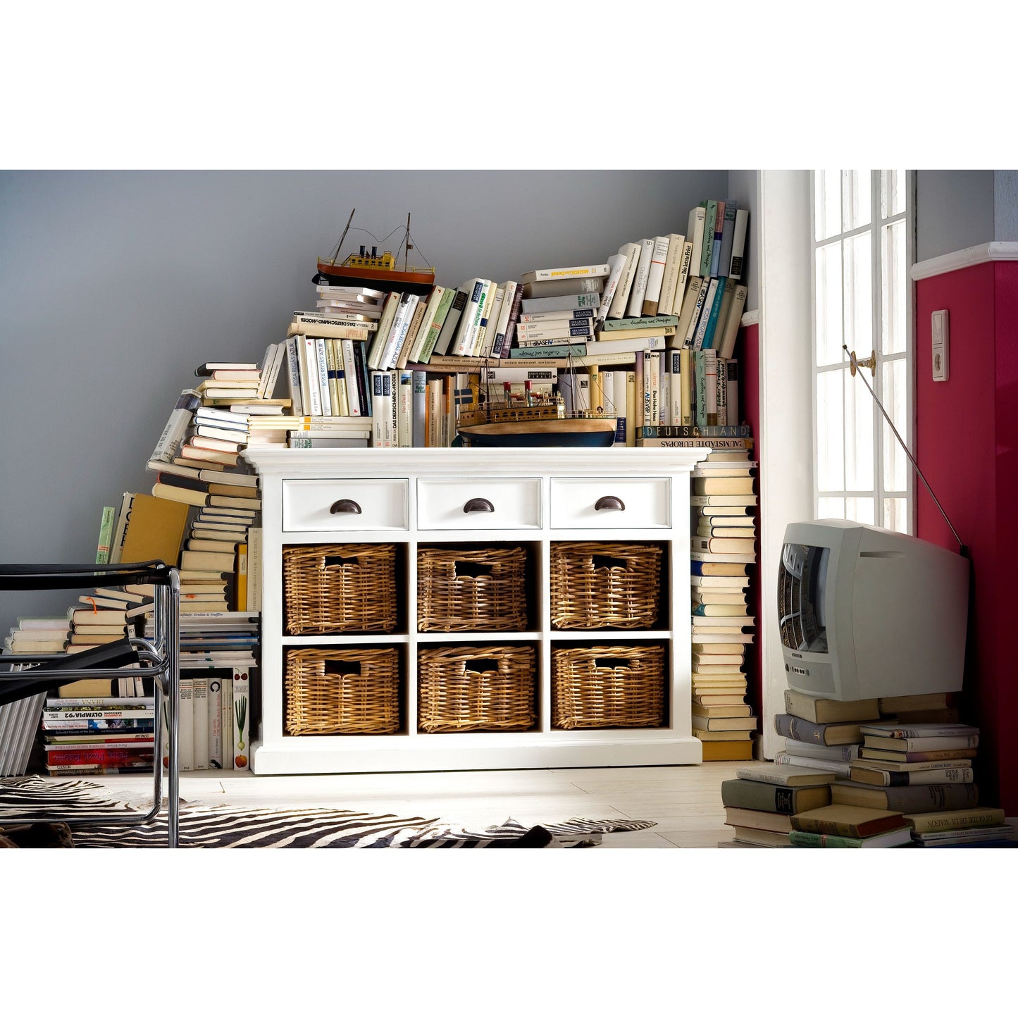 NovaSolo Halifax 49" Classic White Mahogany Buffet With 3 Drawers & 6 Rattan Baskets