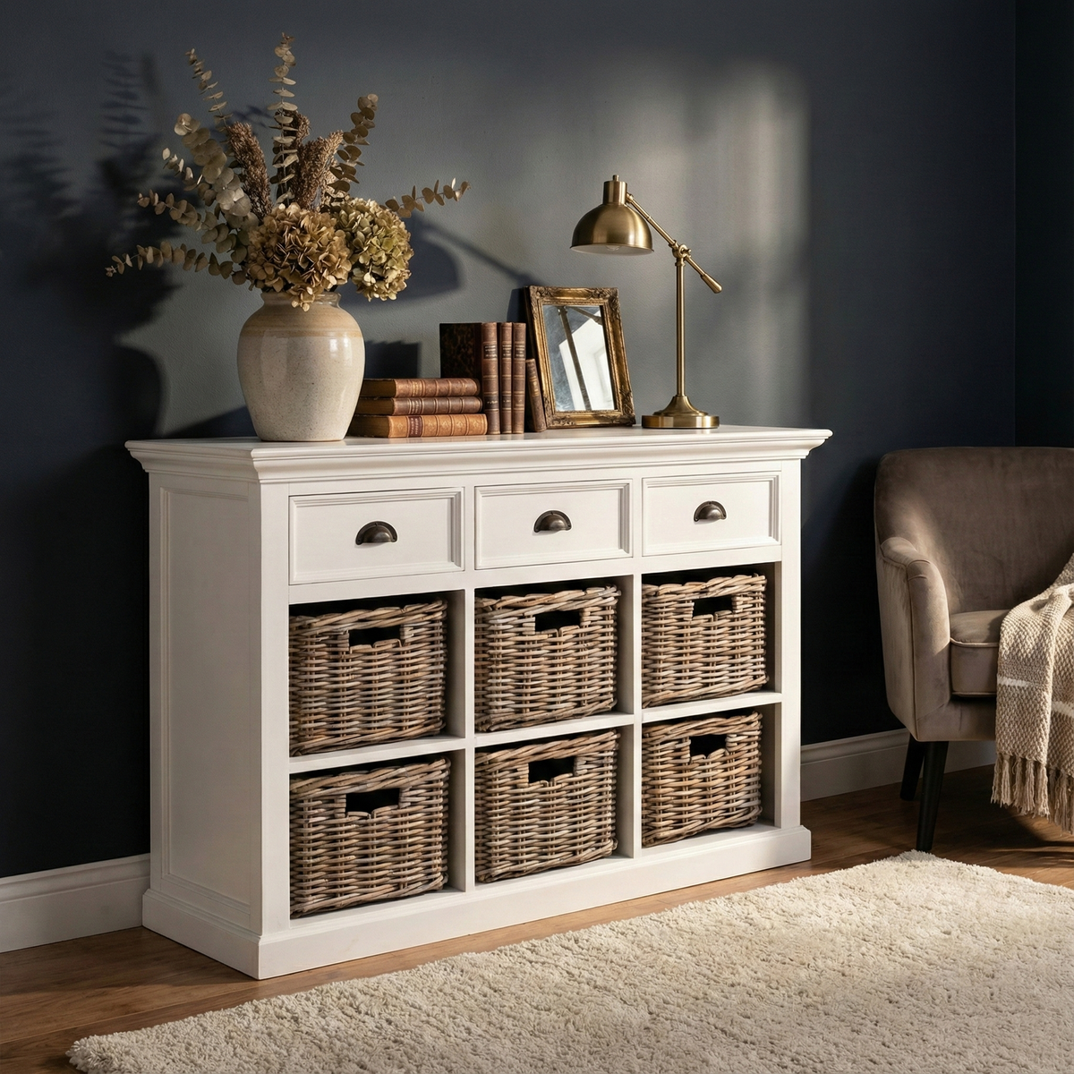 NovaSolo Halifax 49" Classic White Mahogany Buffet With 3 Drawers & 6 Rattan Baskets