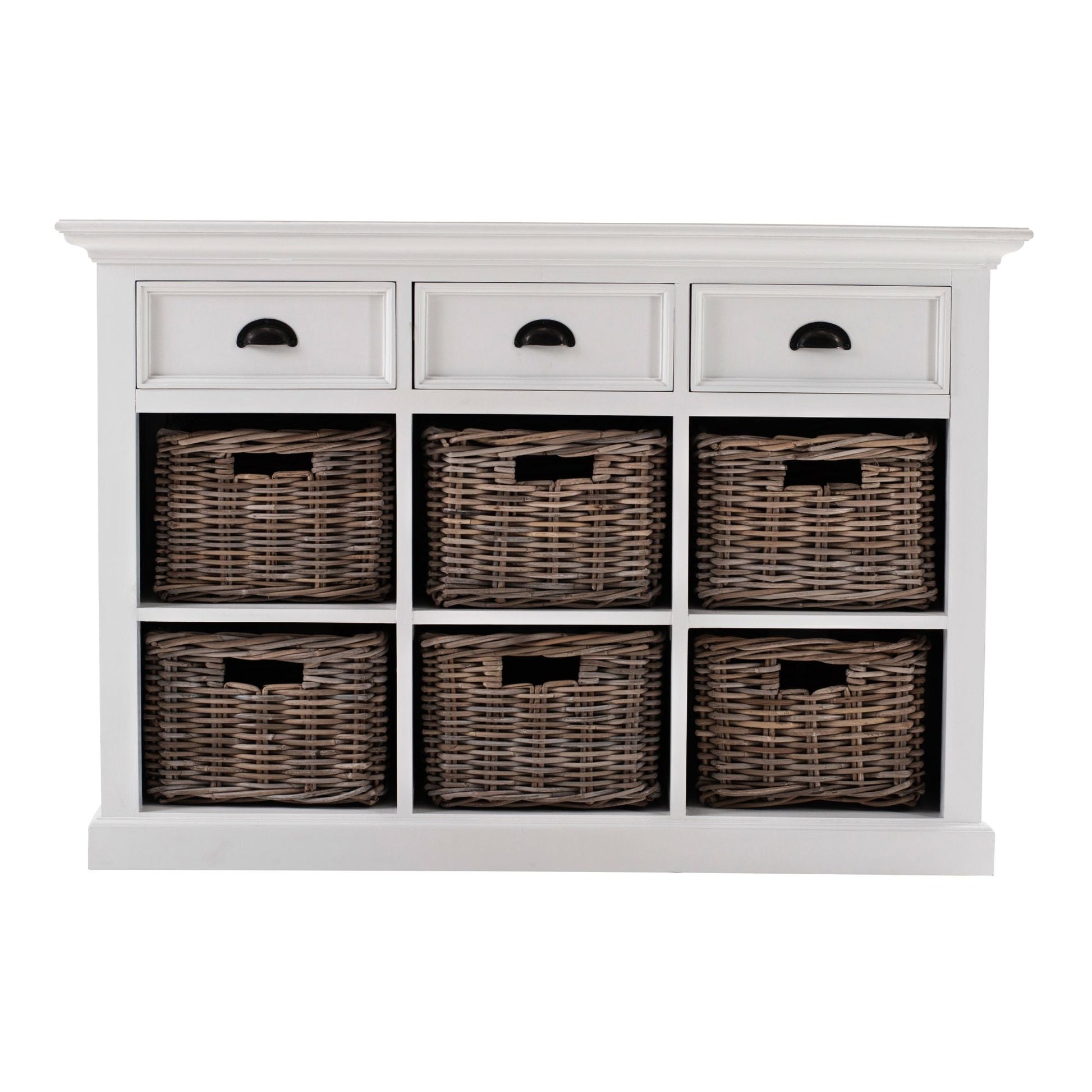 NovaSolo Halifax 49" Classic White Mahogany Buffet With 3 Drawers & 6 Rattan Baskets