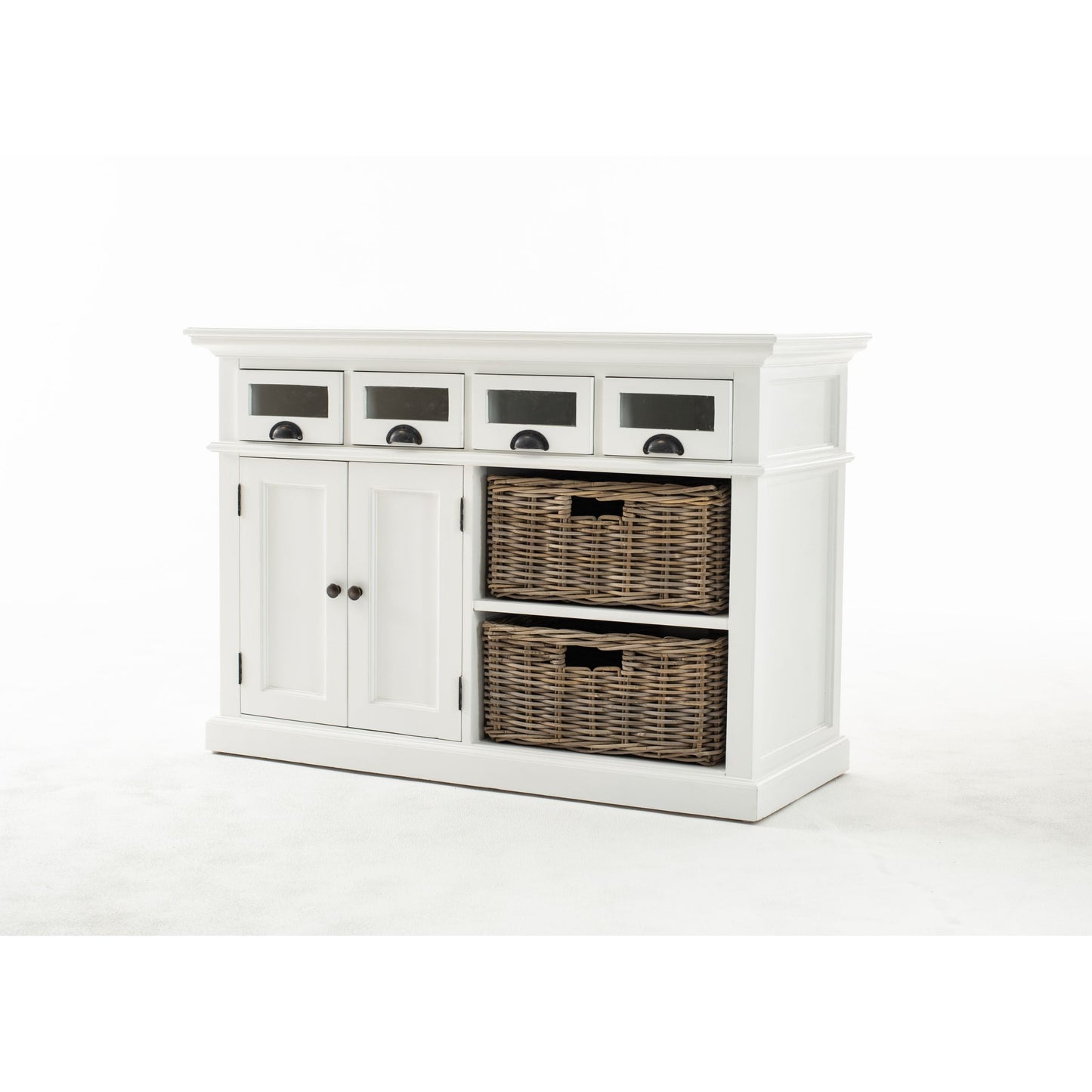 NovaSolo Halifax 49" Classic White Mahogany Kitchen Buffet With 4 Drawers & 2 Rattan Baskets