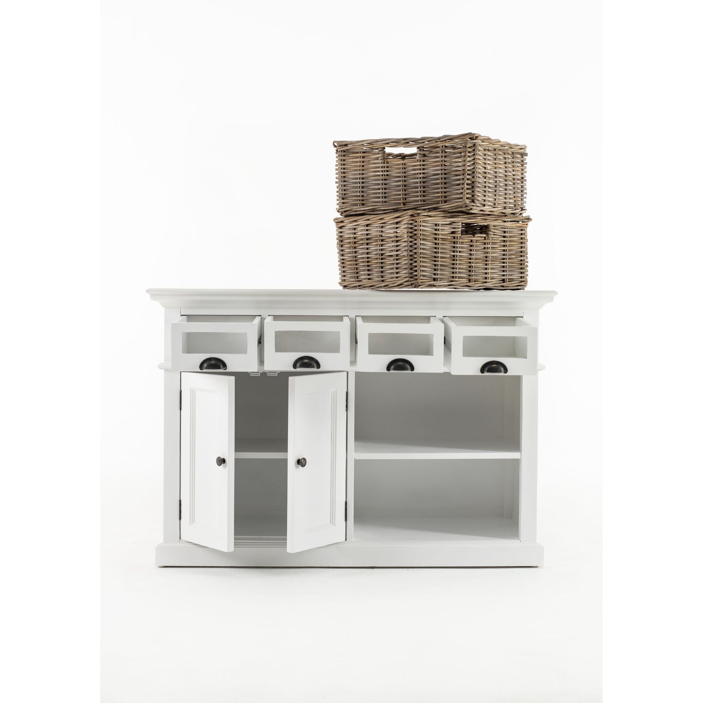 NovaSolo Halifax 49" Classic White Mahogany Kitchen Buffet With 4 Drawers & 2 Rattan Baskets