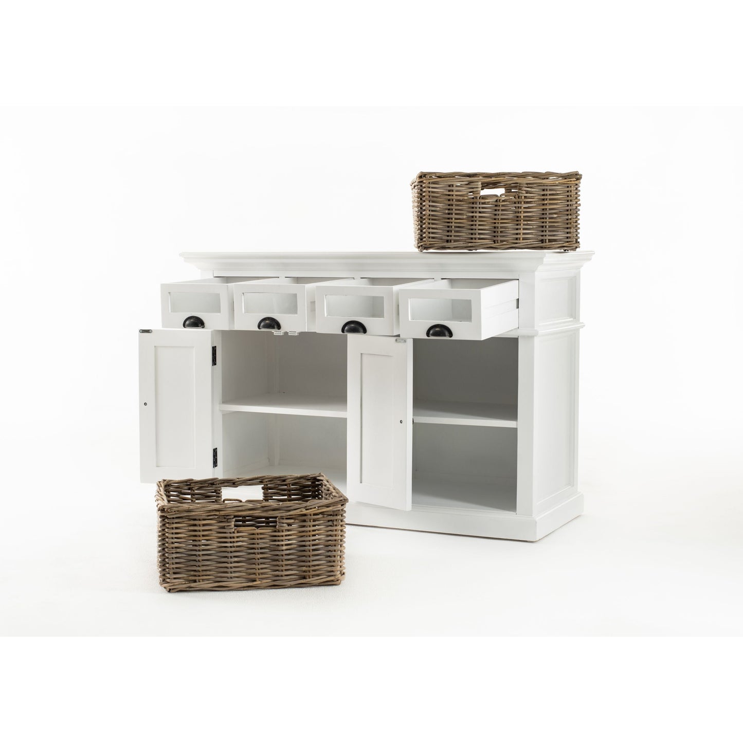 NovaSolo Halifax 49" Classic White Mahogany Kitchen Buffet With 4 Drawers & 2 Rattan Baskets