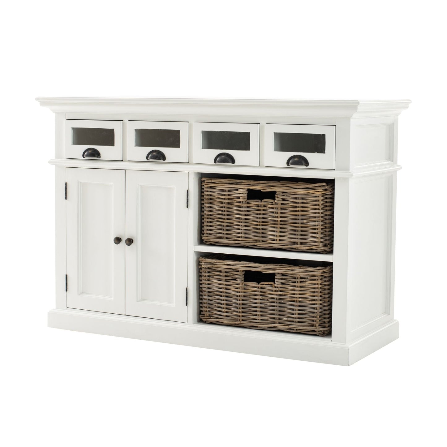 NovaSolo Halifax 49" Classic White Mahogany Kitchen Buffet With 4 Drawers & 2 Rattan Baskets