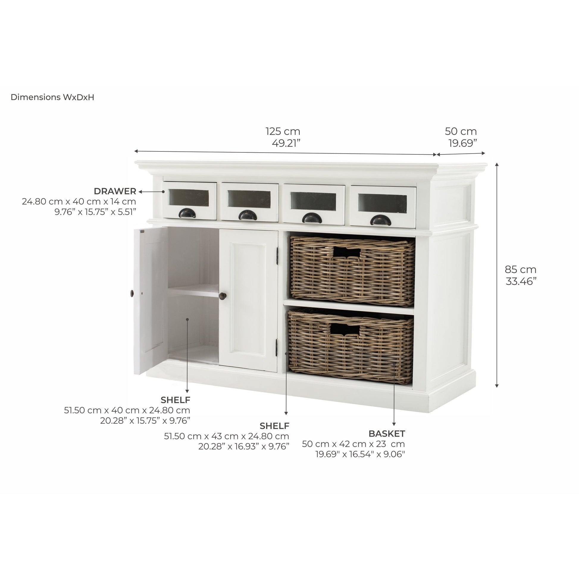 NovaSolo Halifax 49" Classic White Mahogany Kitchen Buffet With 4 Drawers & 2 Rattan Baskets