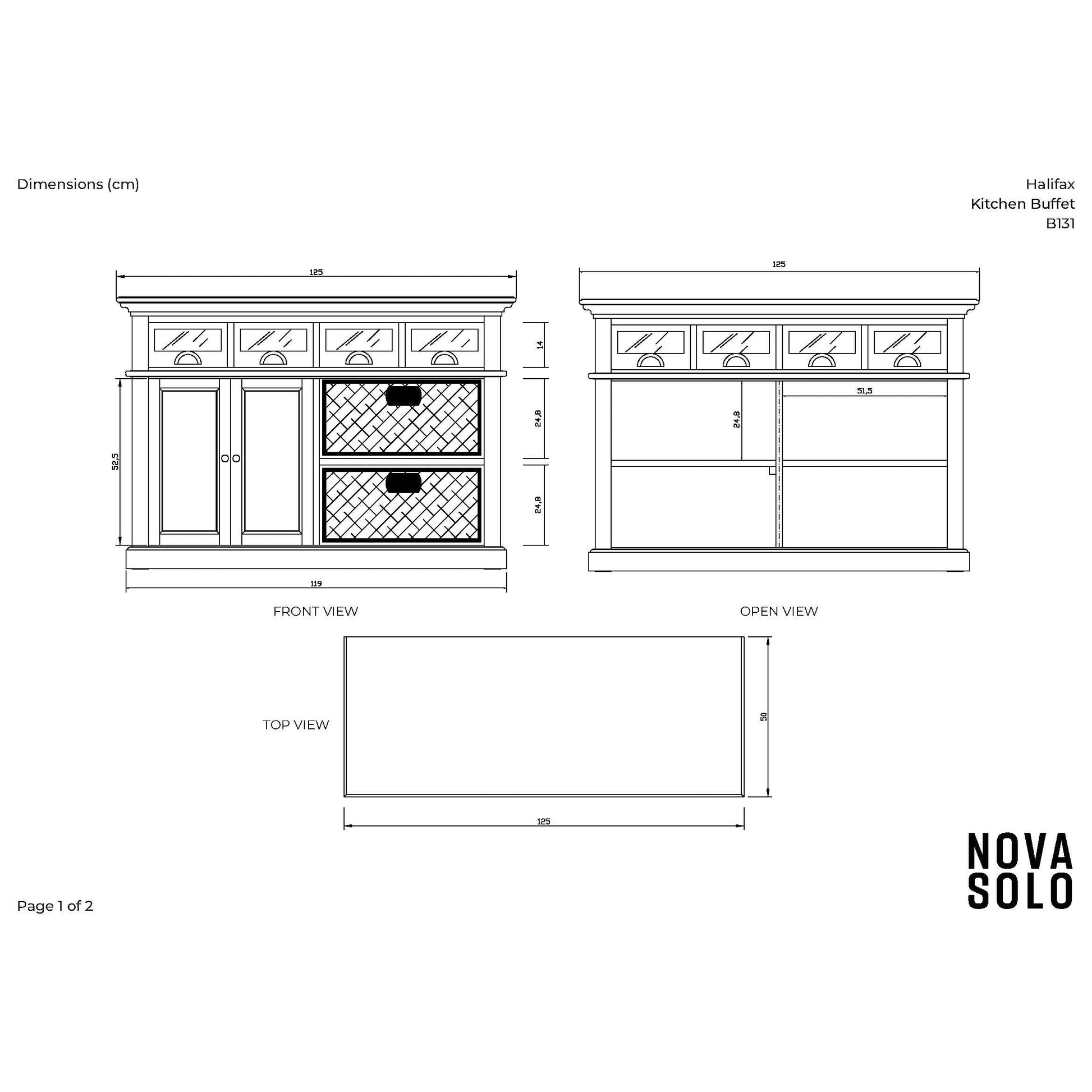 NovaSolo Halifax 49" Classic White Mahogany Kitchen Buffet With 4 Drawers & 2 Rattan Baskets