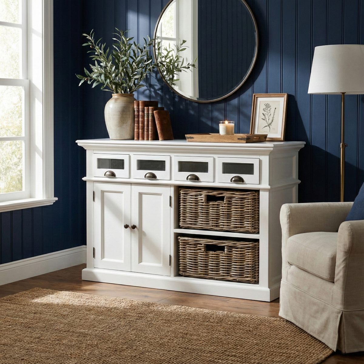NovaSolo Halifax 49" Classic White Mahogany Kitchen Buffet With 4 Drawers & 2 Rattan Baskets