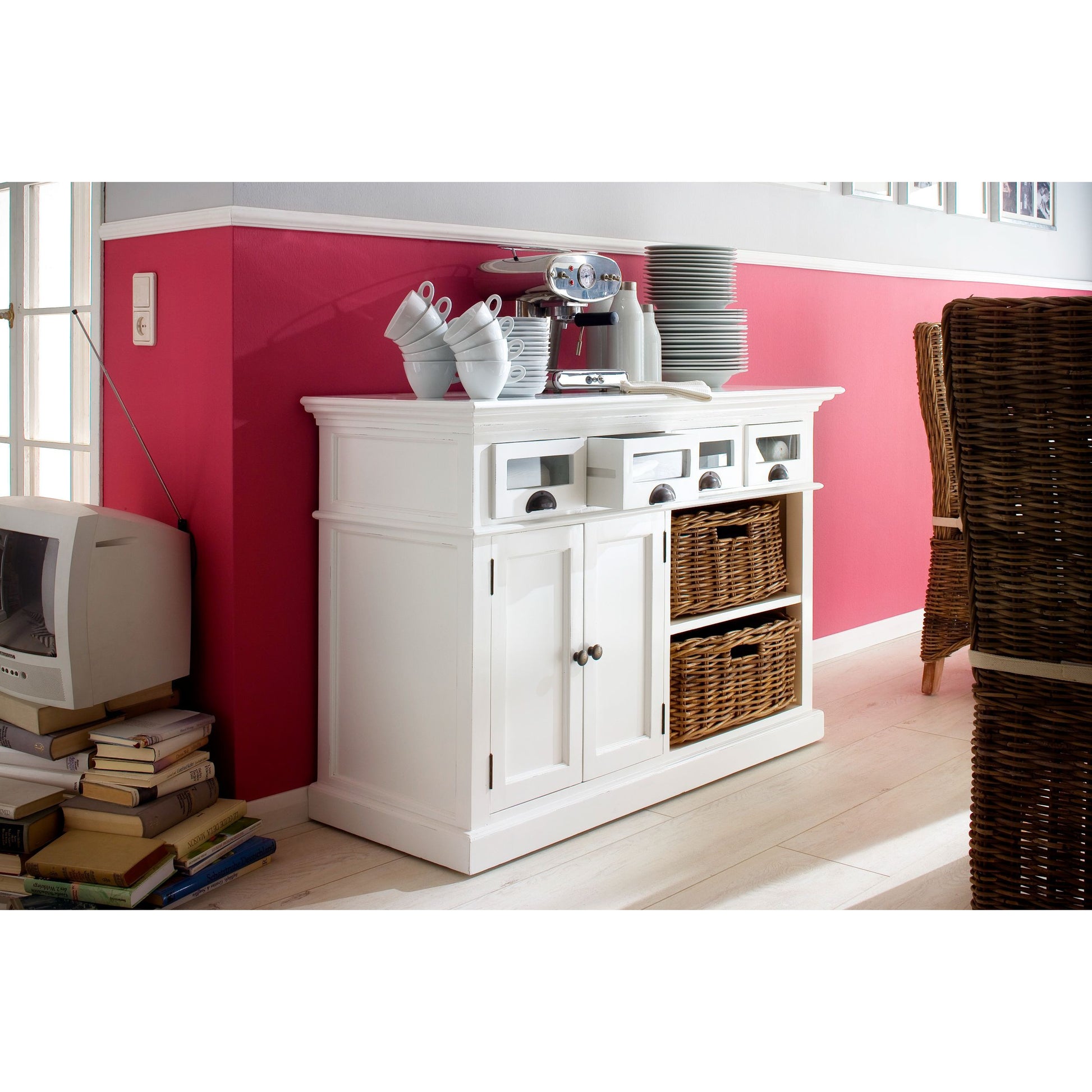 NovaSolo Halifax 49" Classic White Mahogany Kitchen Buffet With 4 Drawers & 2 Rattan Baskets