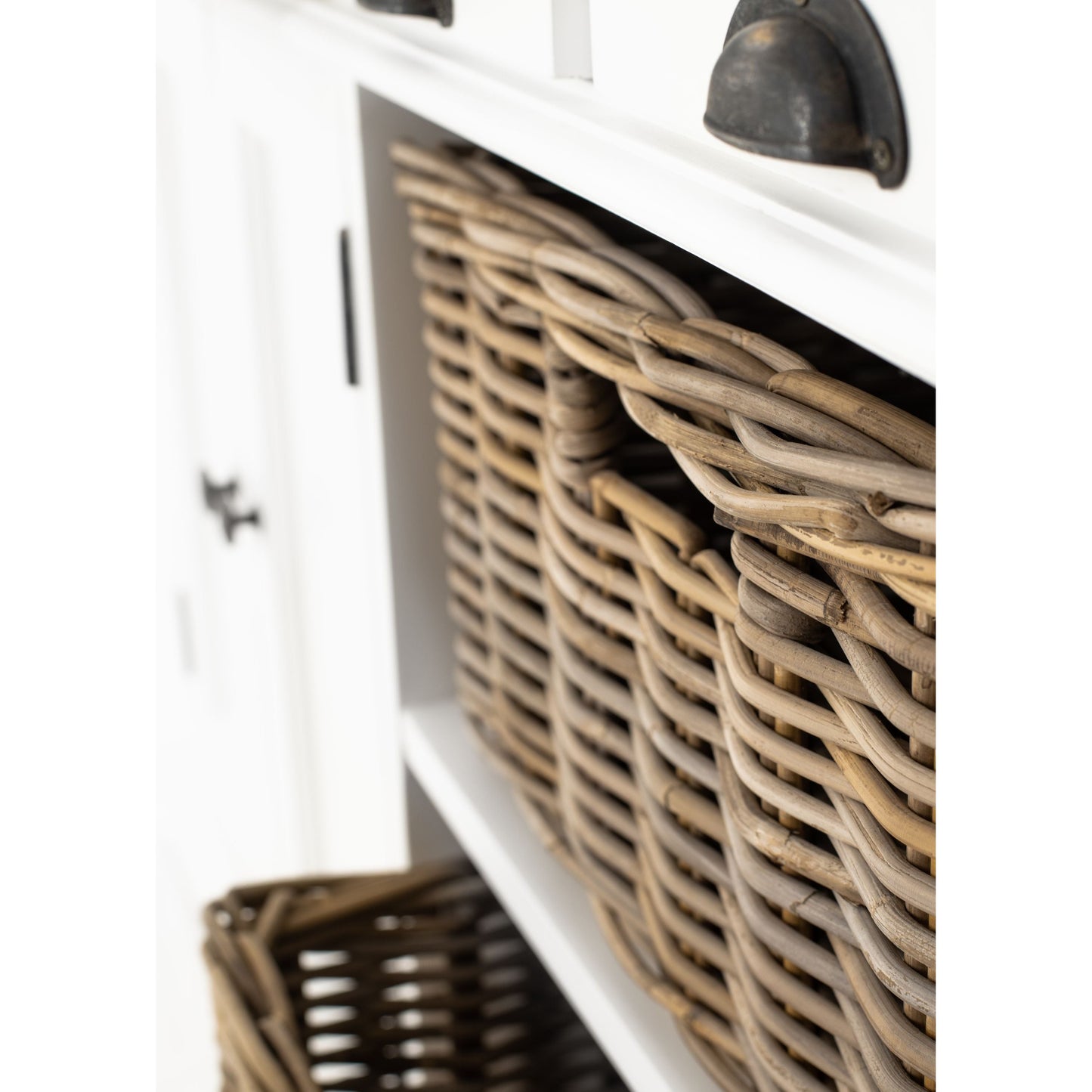 NovaSolo Halifax 49" Classic White Mahogany Kitchen Buffet With 4 Drawers & 2 Rattan Baskets