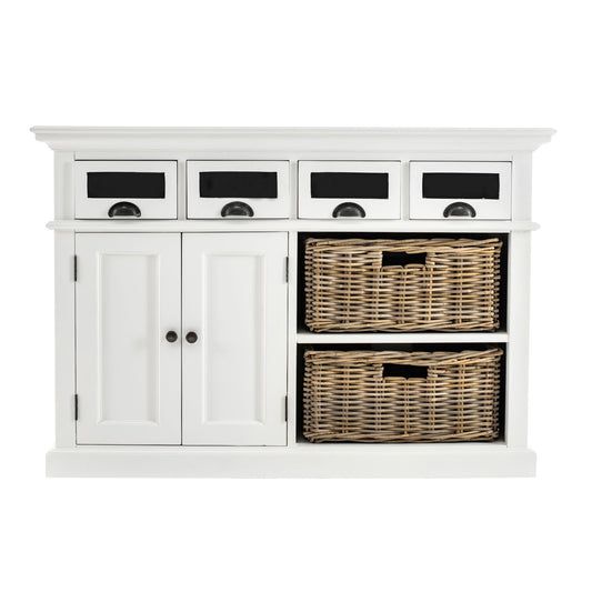 NovaSolo Halifax 49" Classic White Mahogany Kitchen Buffet With 4 Drawers & 2 Rattan Baskets