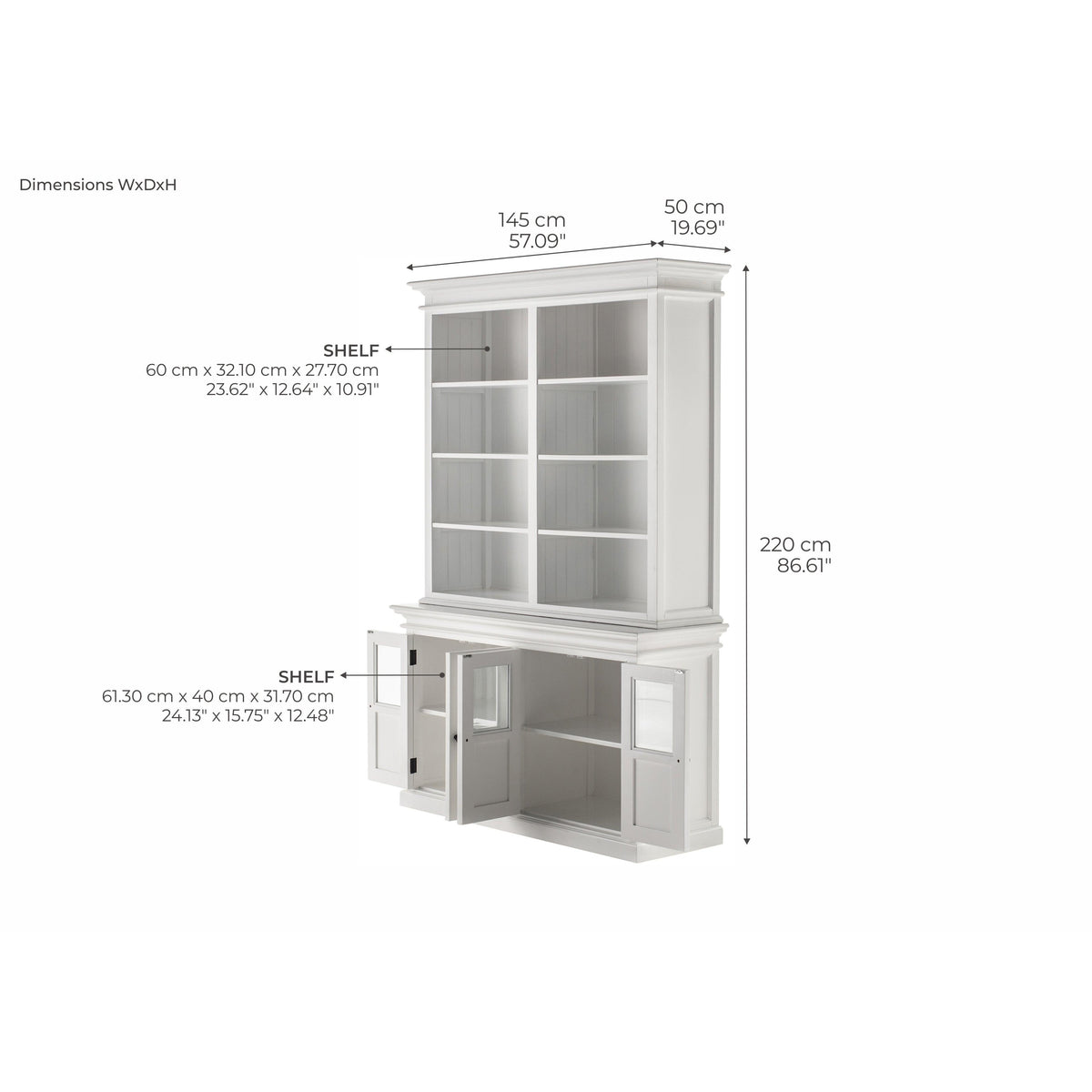 NovaSolo Halifax 57" Classic White Hutch Cabinet Unit With 4 Bevelled Glass Doors