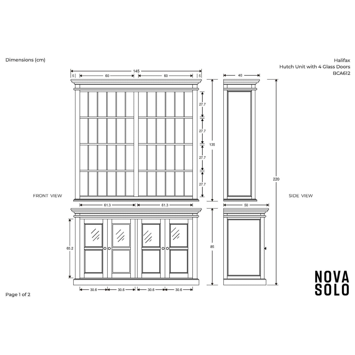 NovaSolo Halifax 57" Classic White Hutch Cabinet Unit With 4 Bevelled Glass Doors