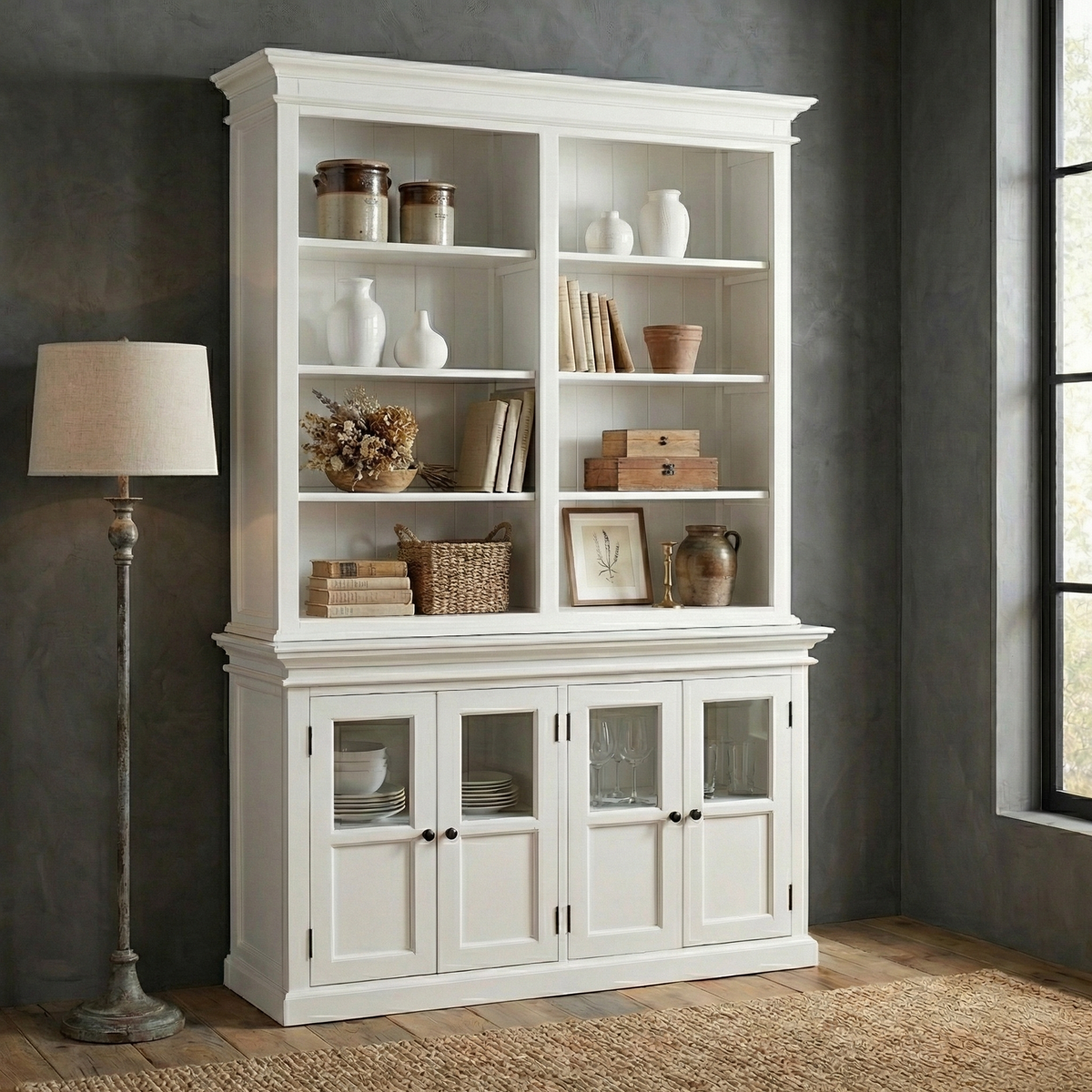 NovaSolo Halifax 57" Classic White Hutch Cabinet Unit With 4 Bevelled Glass Doors